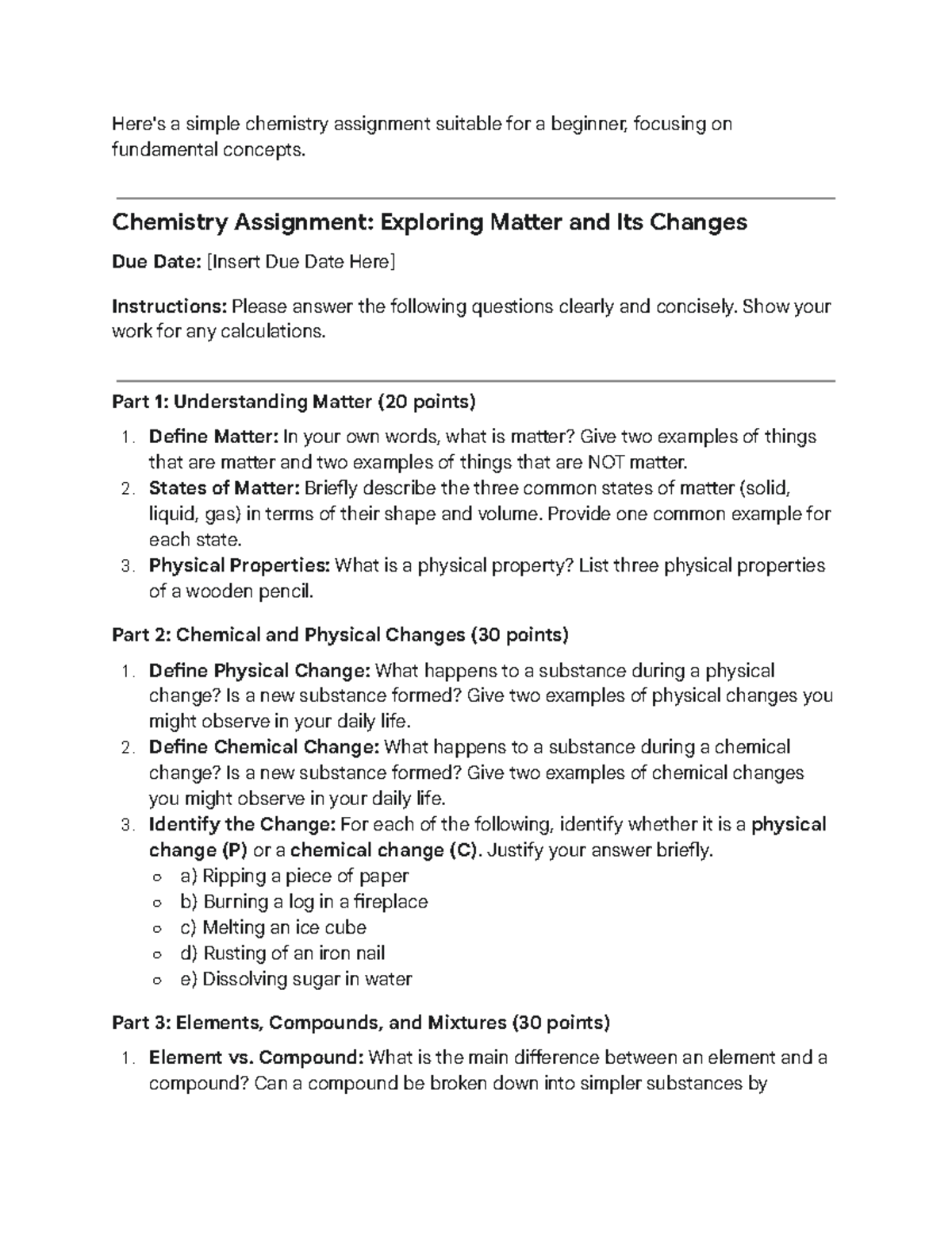 Chemistry Assignment (CHEM 101): Intro to Matter & Changes - Studocu