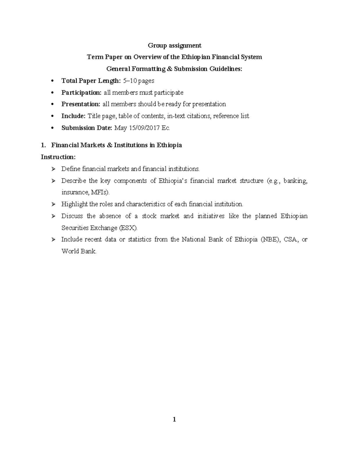 Term Paper (ECO 101): Overview of the Ethiopian Financial System - Studocu
