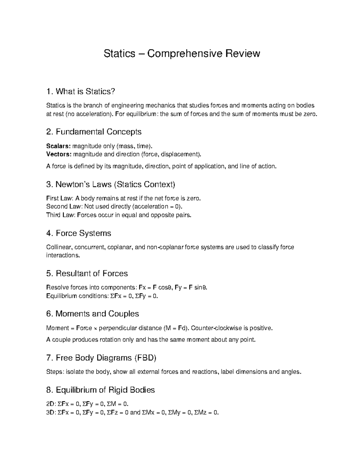 Statics (ENGR 101) Comprehensive Review: Key Concepts & Laws - Studocu
