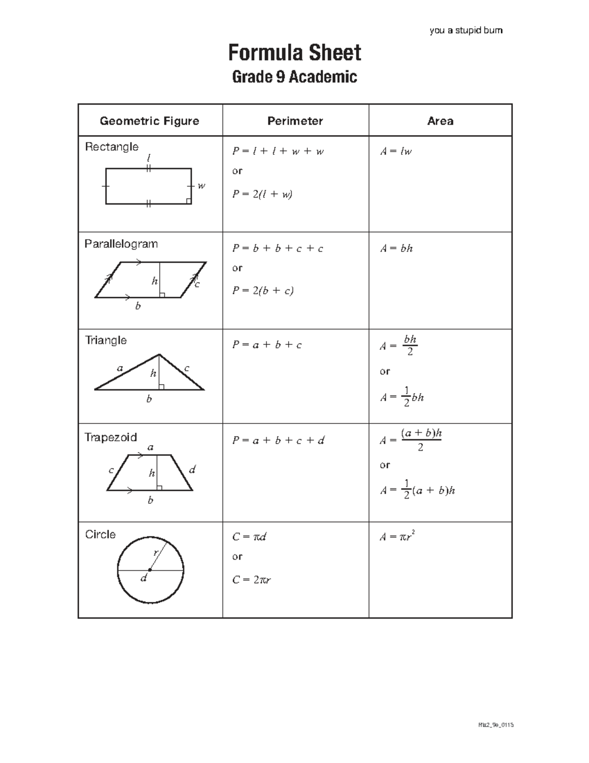 Grade 9 Academic Geometry Formula Sheet for EQAO - Studocu