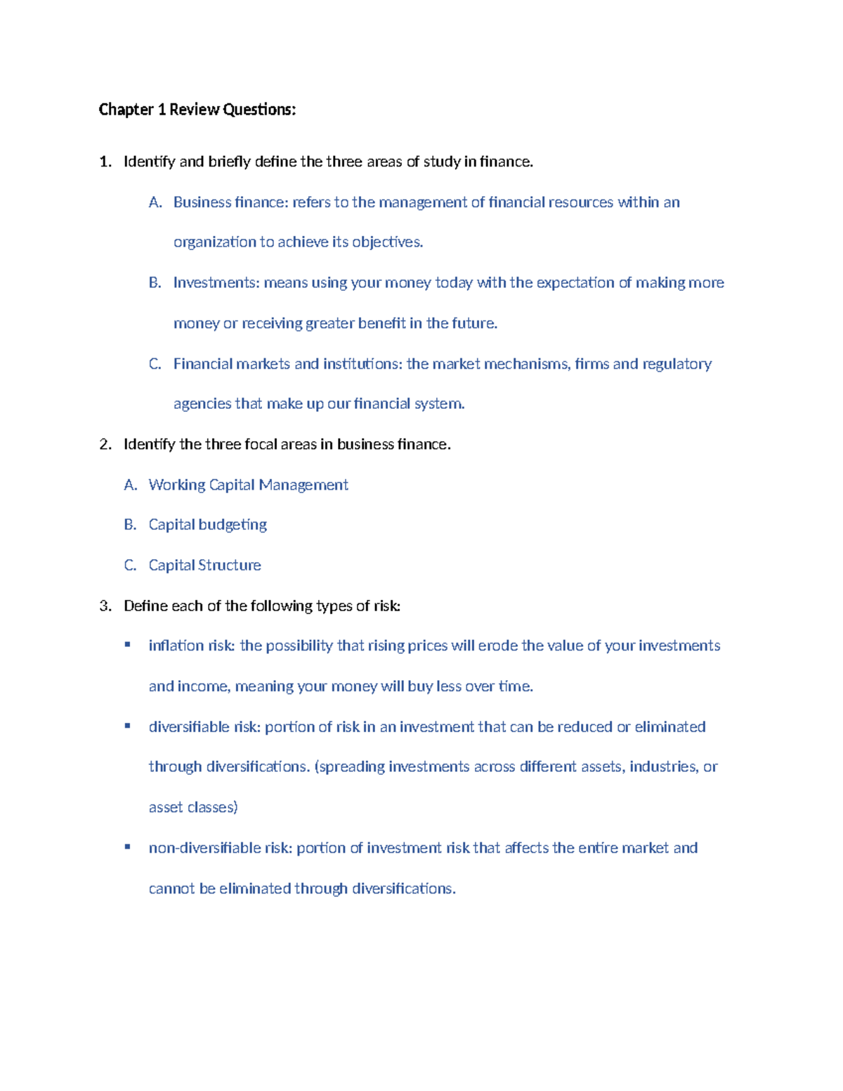 FIN 101: Chapter 1 Review Questions on Finance Concepts - Studocu