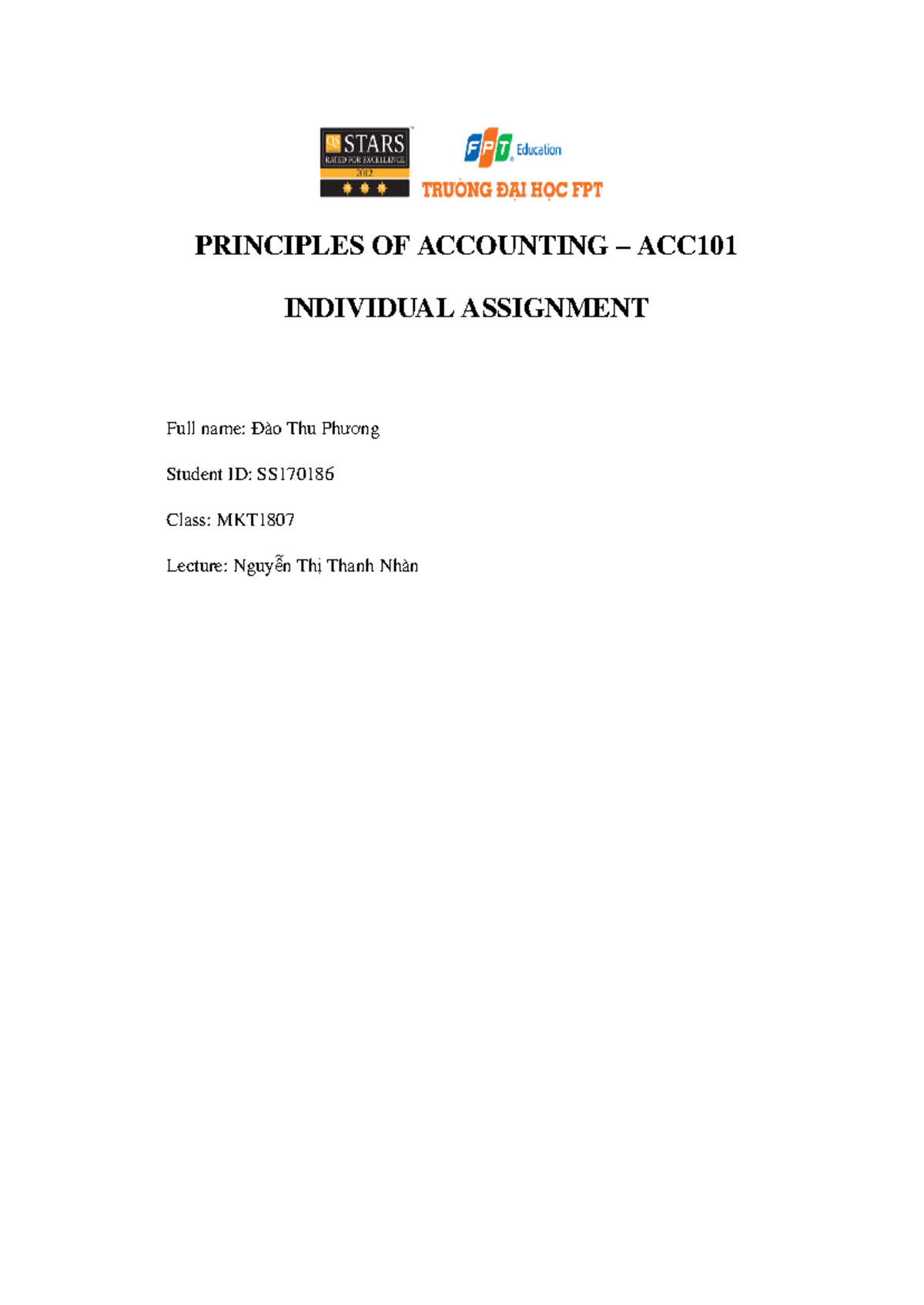 ACC101 Principles of Accounting Individual Assignment by Đào Thu Phương ...