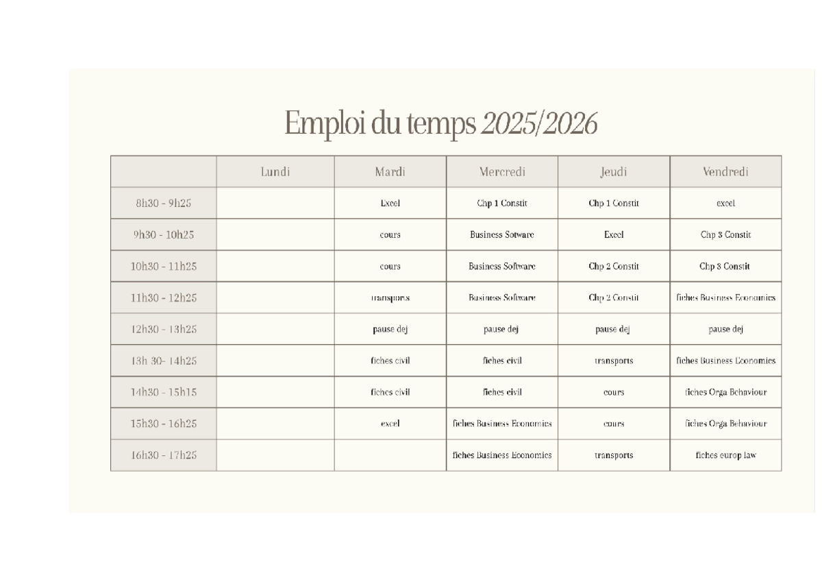 Emploi du temps Semaine - Cours et Fiches - Studocu