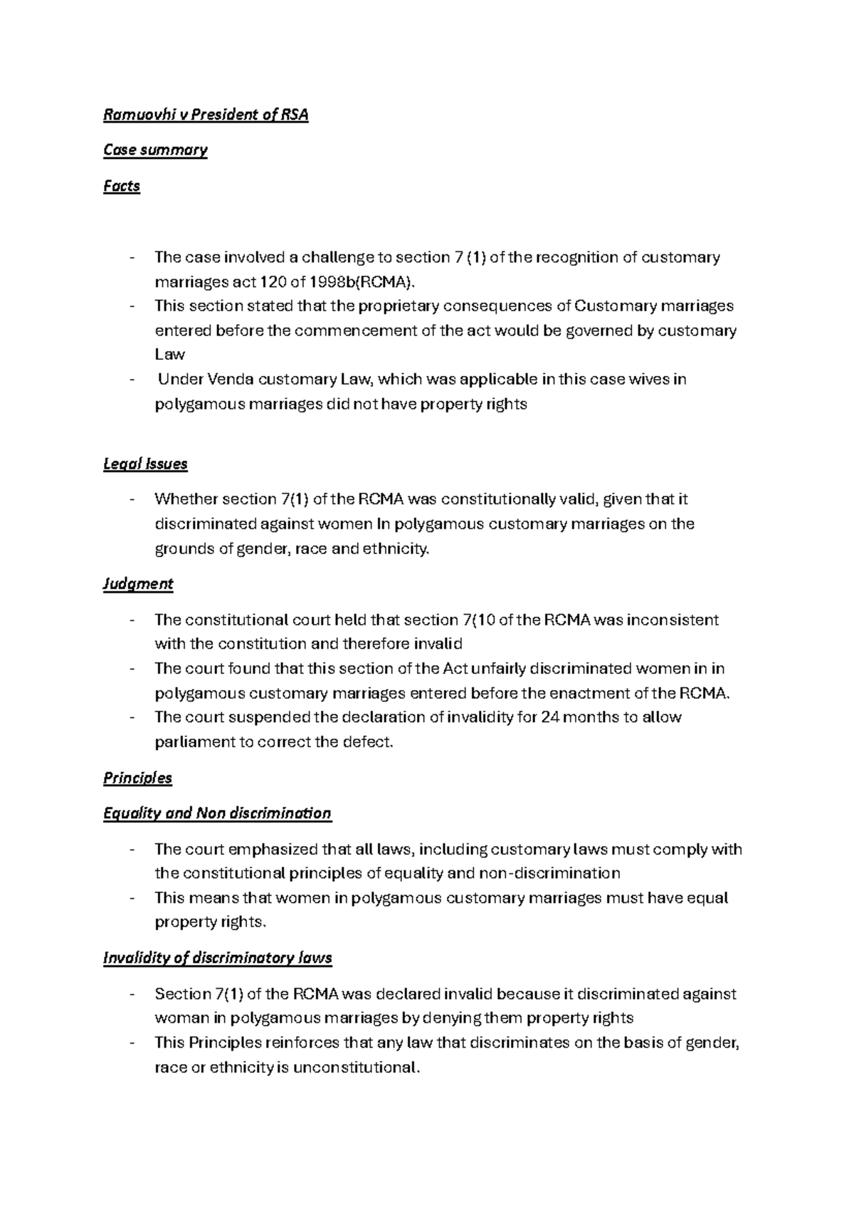 Ramuovhi v President of RSA: Case Summary on RCMA Section 7(1) - Studocu