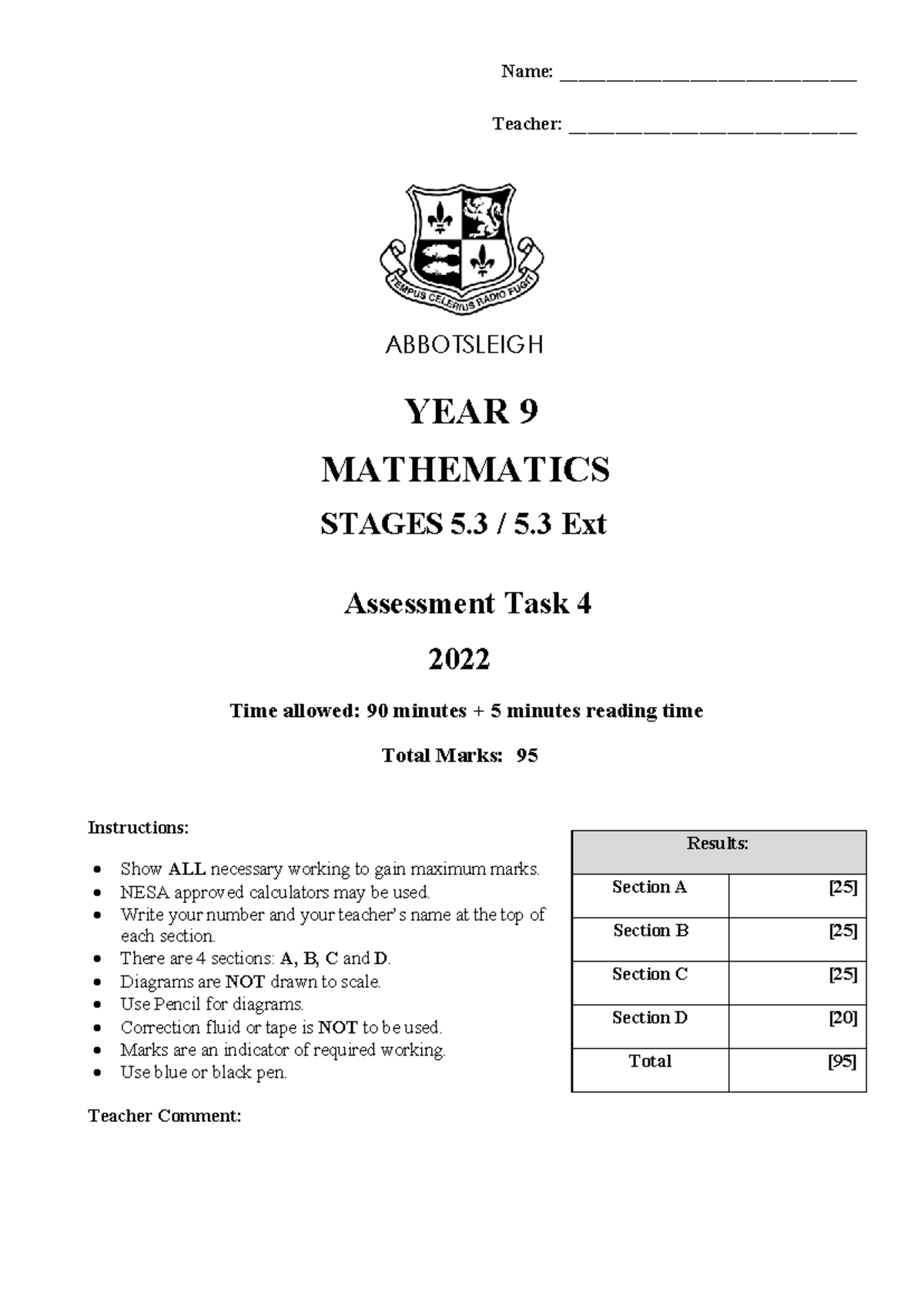AT Task 4: Year 9 Maths Assessment (Stages 5.3) - Studocu