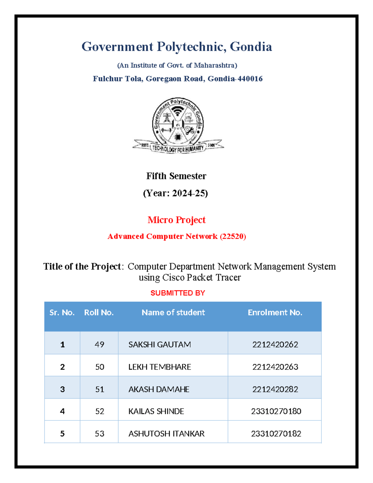 Advanced Computer Network (22520) Microproject: Network Management ...