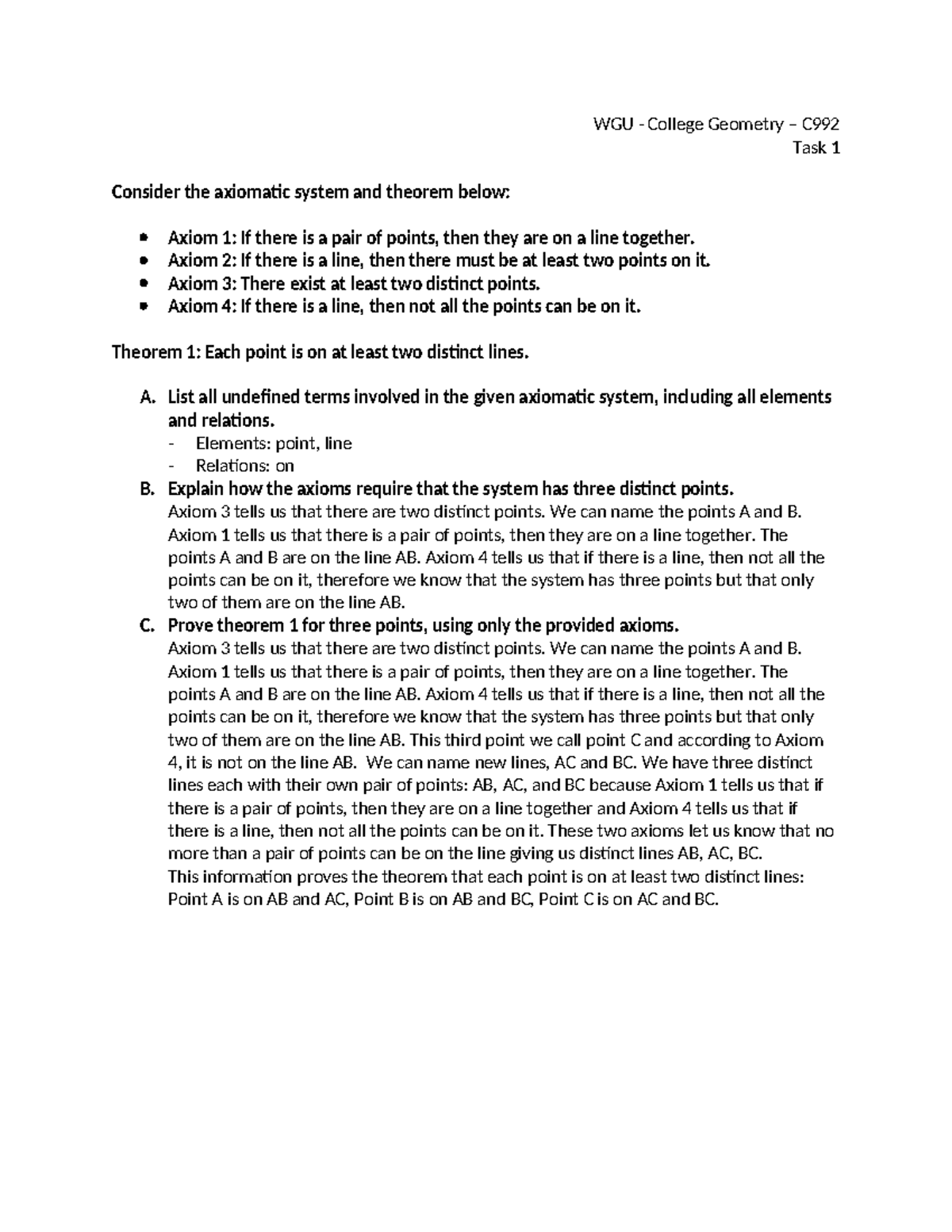 WGU College Geometry C992 Task 1: Axiomatic System Analysis - Studocu
