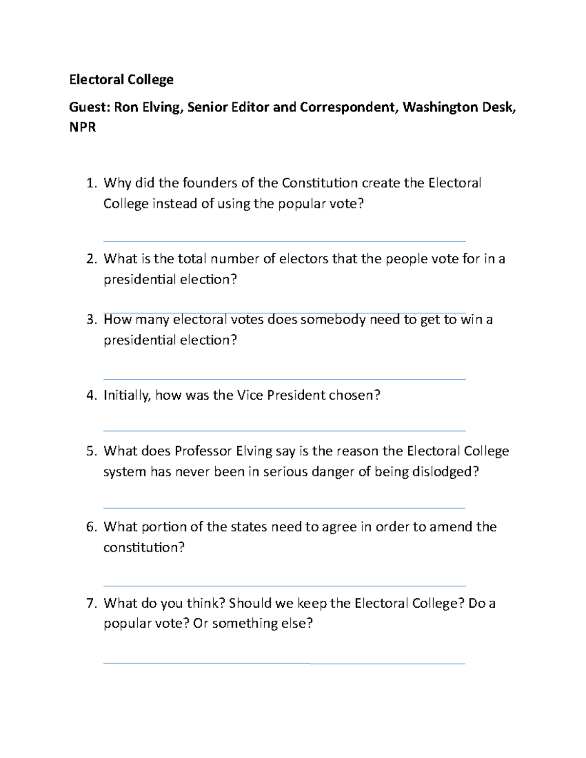 Electoral College Worksheet for Educators: Teacher Copy - Studocu