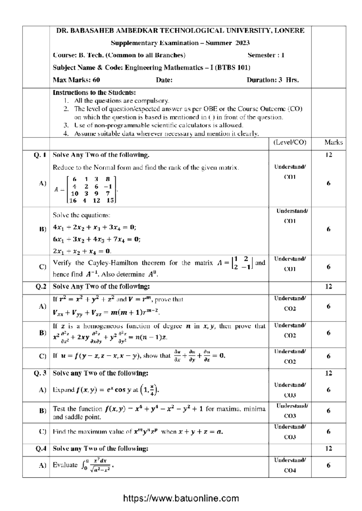 B.Tech 1st Year Engineering Mathematics I (BTBS 101) Supplementary Exam ...