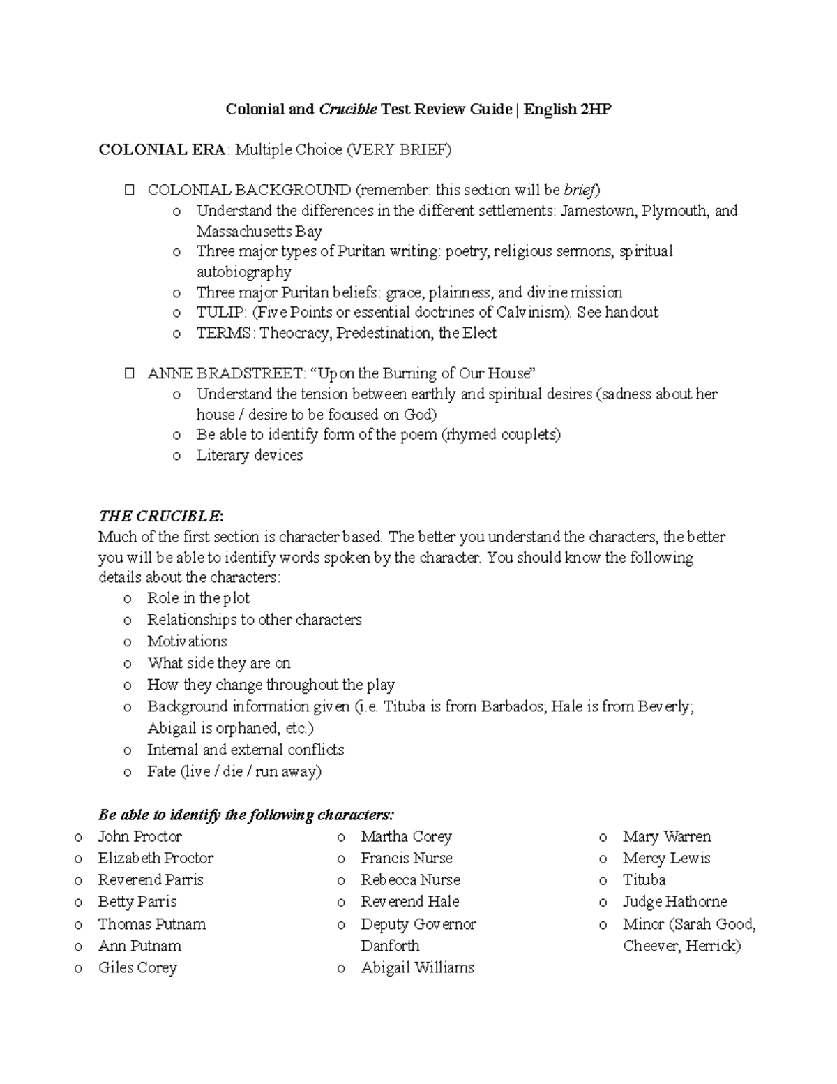 Crucible & Colonial Review Guide | English 2HP Test Prep 2025 - Studocu