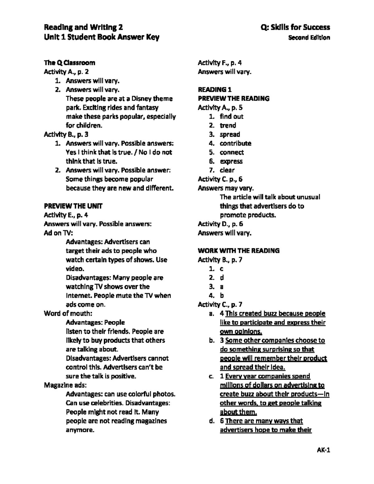 Reading and Writing 2 Q: Skills for Success Unit 1-5 Answer Key (2nd Ed ...
