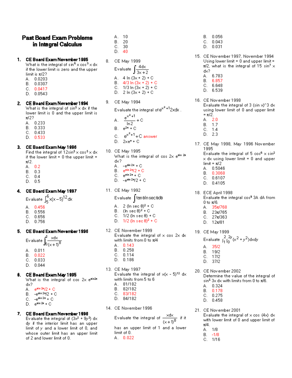 Past Board Exam Problems in Integral Calculus (CE Board Exam) - Studocu