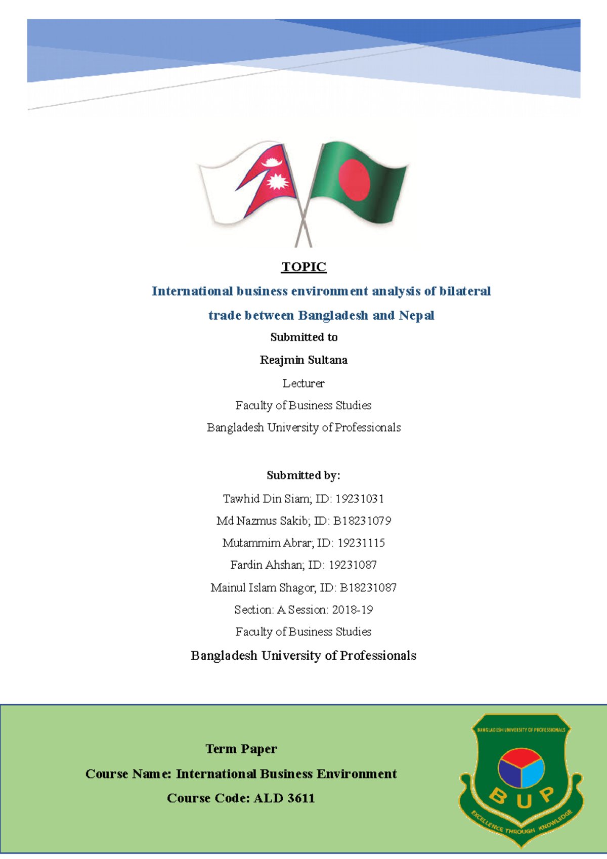 ALD 3611 Term Paper: Business Environment Analysis of Bangladesh-Nepal ...
