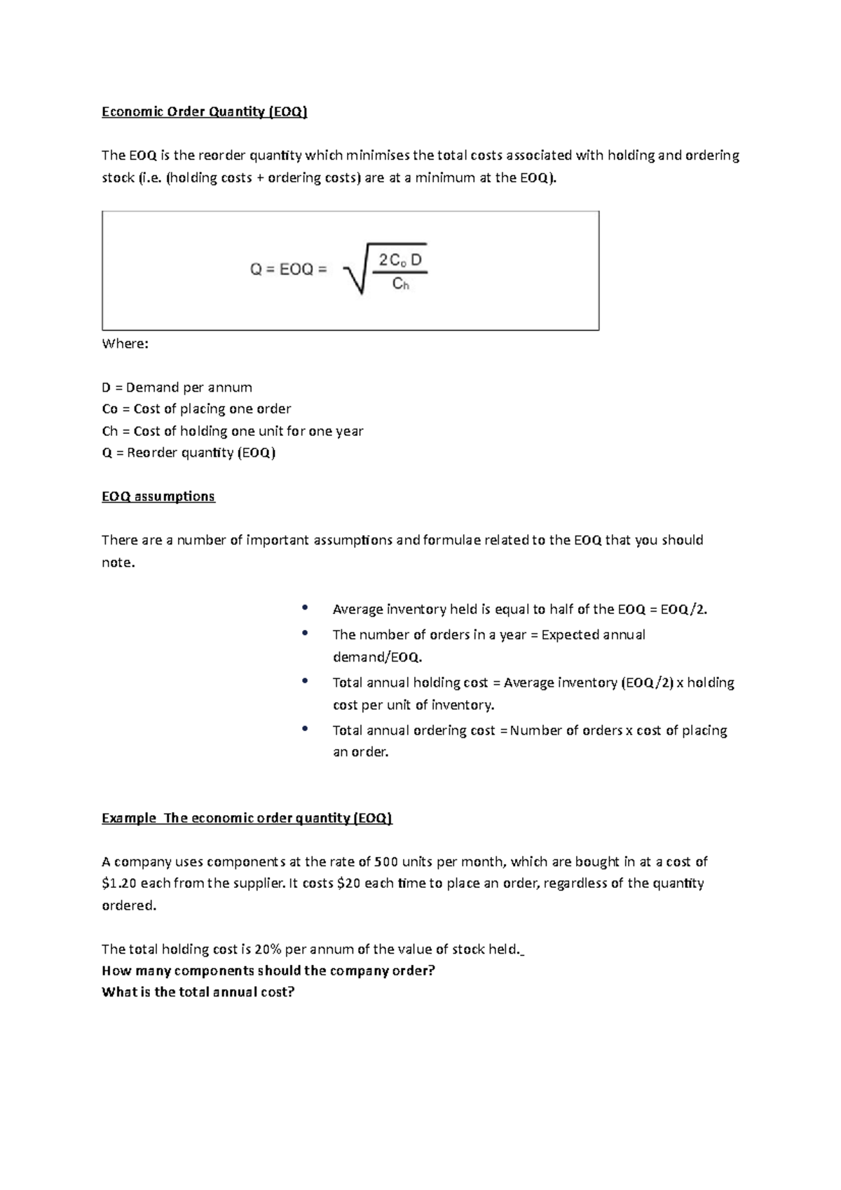 Teacher Additional Notes EOQ EBQ - Economic Order Quantity (EOQ) The ...
