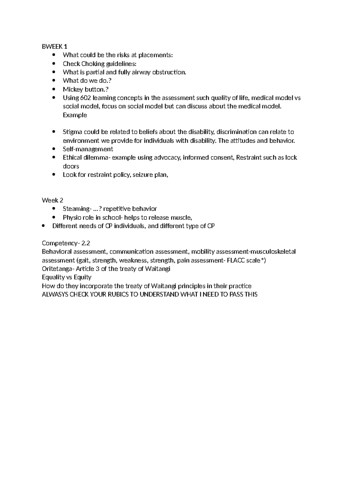 CE 2023 Placement Risks & Assessments - Week 1 & 2 Notes - Studocu