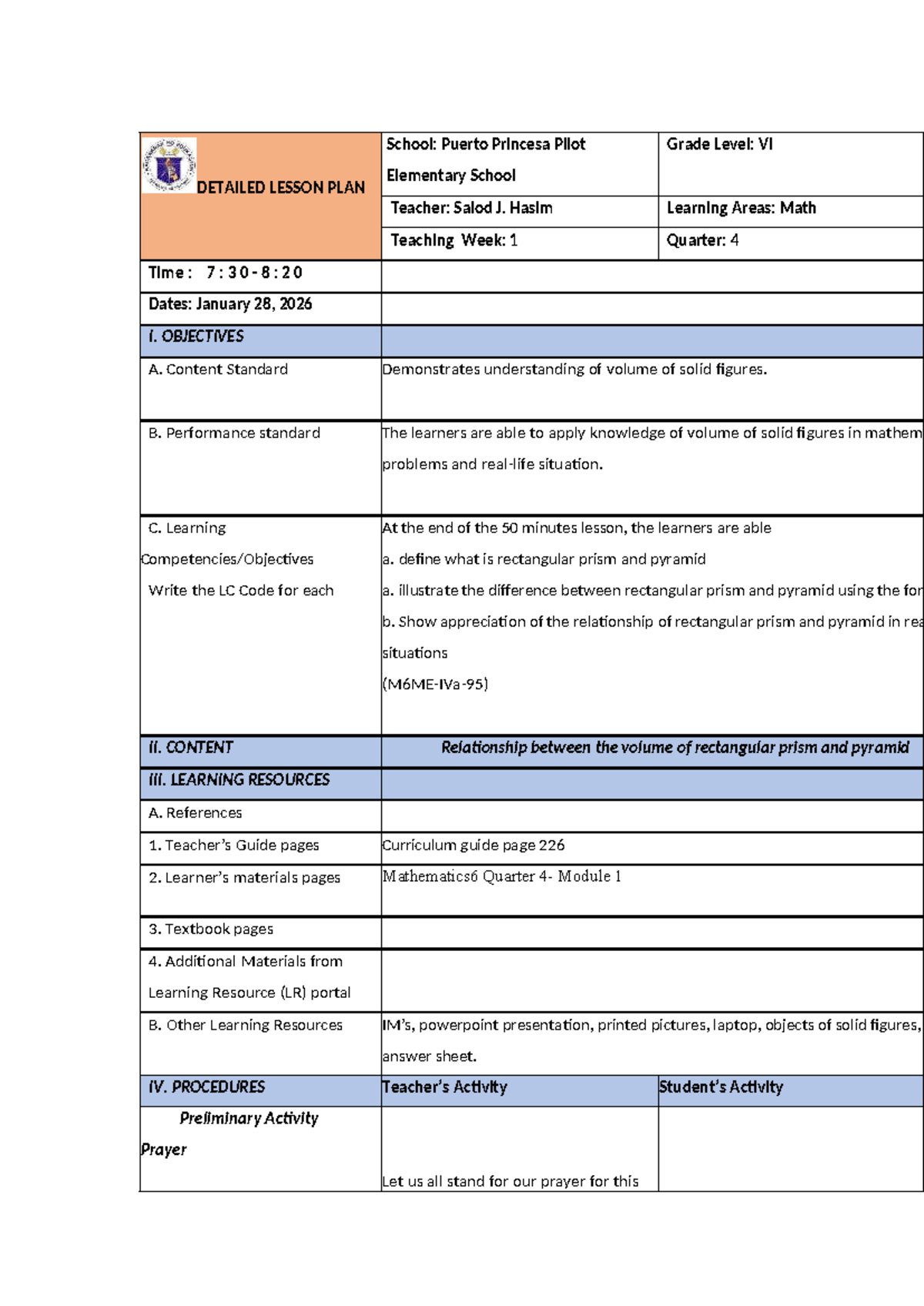 Detailed Lesson Plan: Volume of Solid Figures in MATH 6 - Studocu