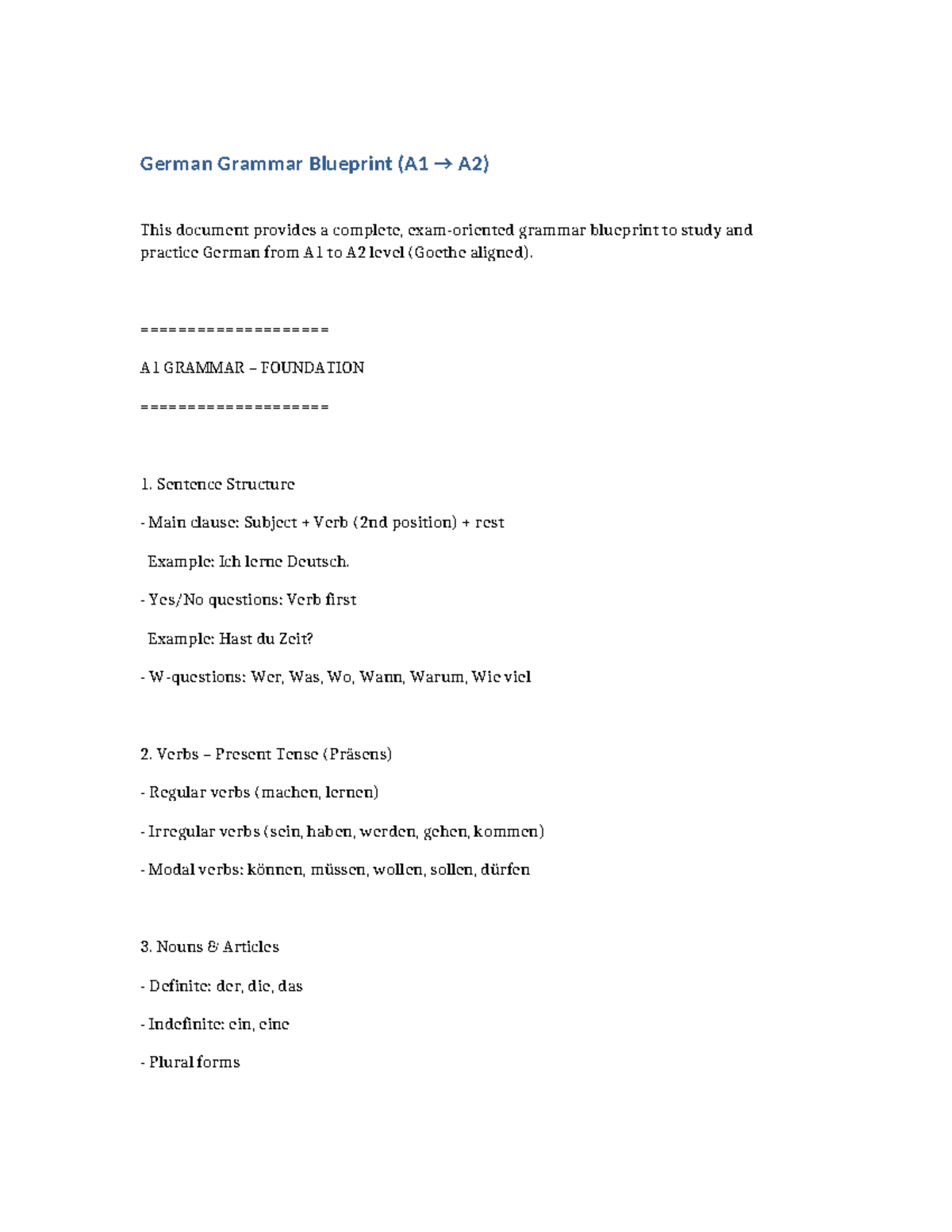 German Grammar Blueprint: A1 to A2 Exam Guide - Studocu