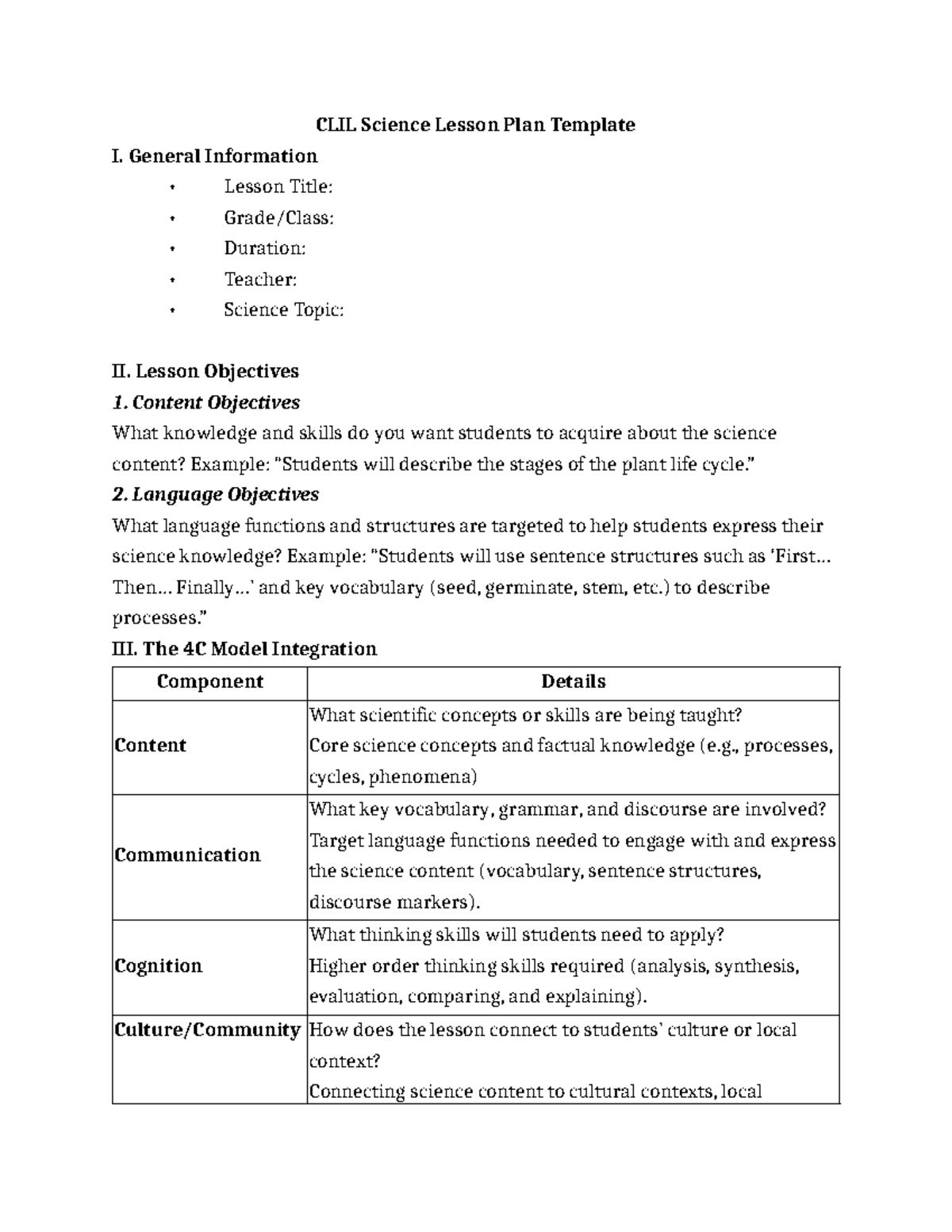 CLIL Science Lesson Plan Template - Engaging Strategies and Objectives ...