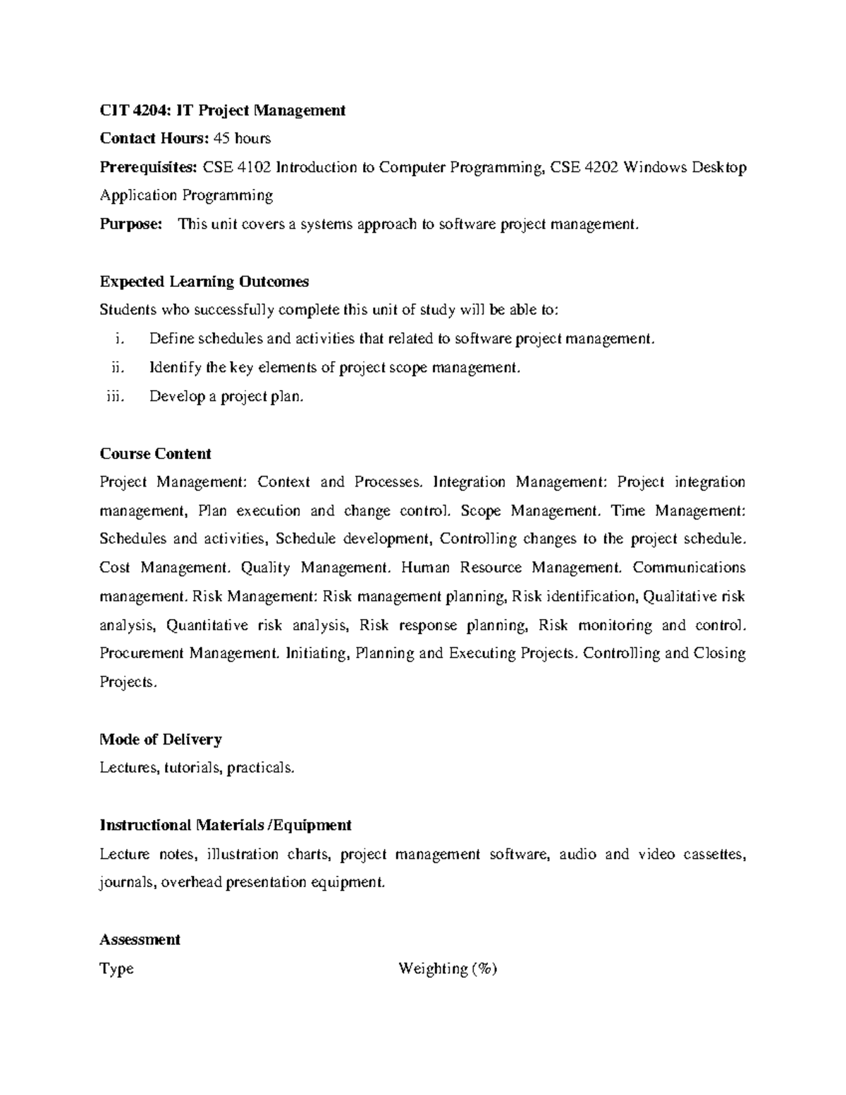 CIT 4204 Course Outline: IT Project Management Overview - Studocu