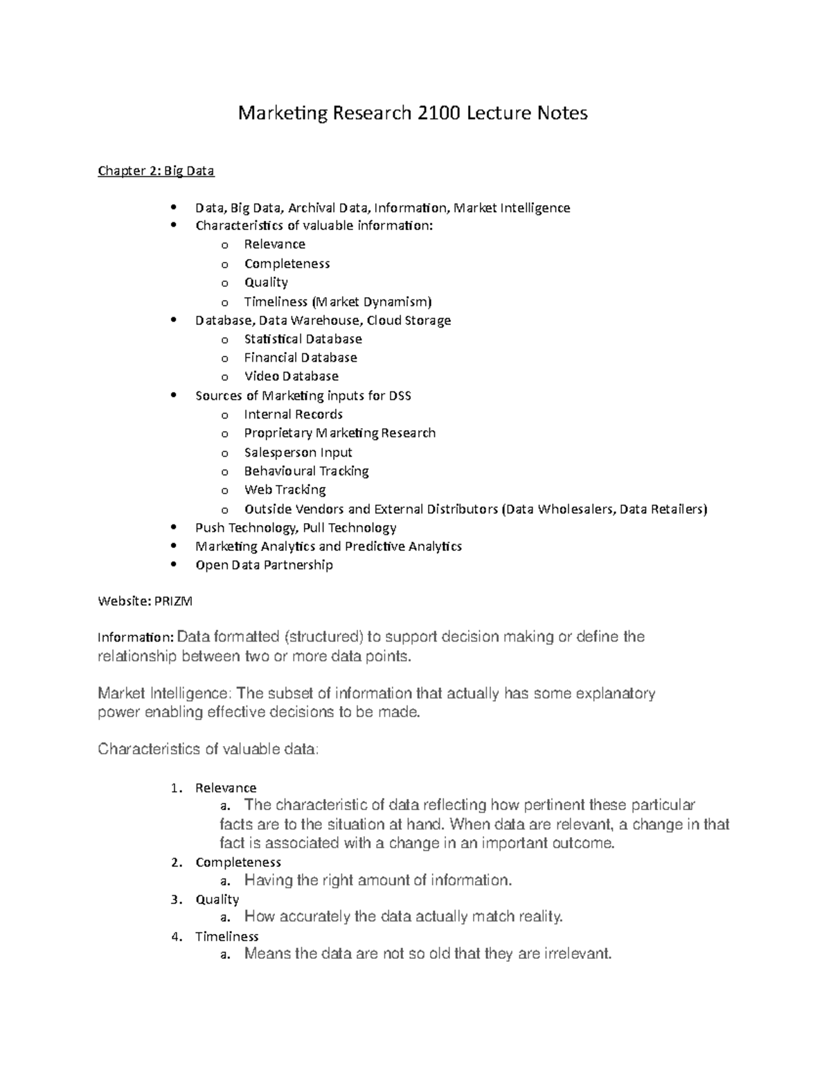 MARK 2100 - Chapter 2 - Marketing Research 2100 Lecture Notes Chapter 2 ...