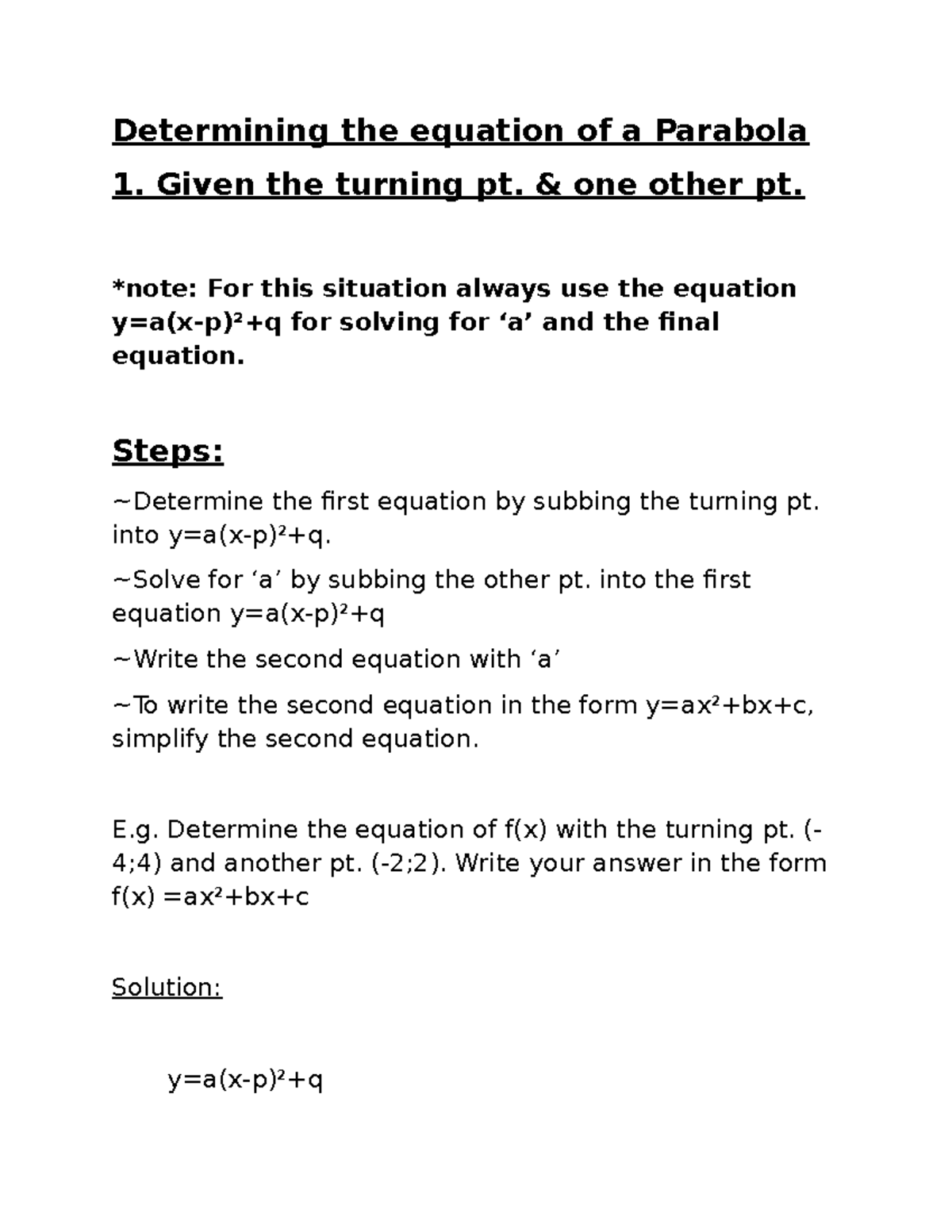 Summary of Parabola Equations and Solution Methods - Studocu