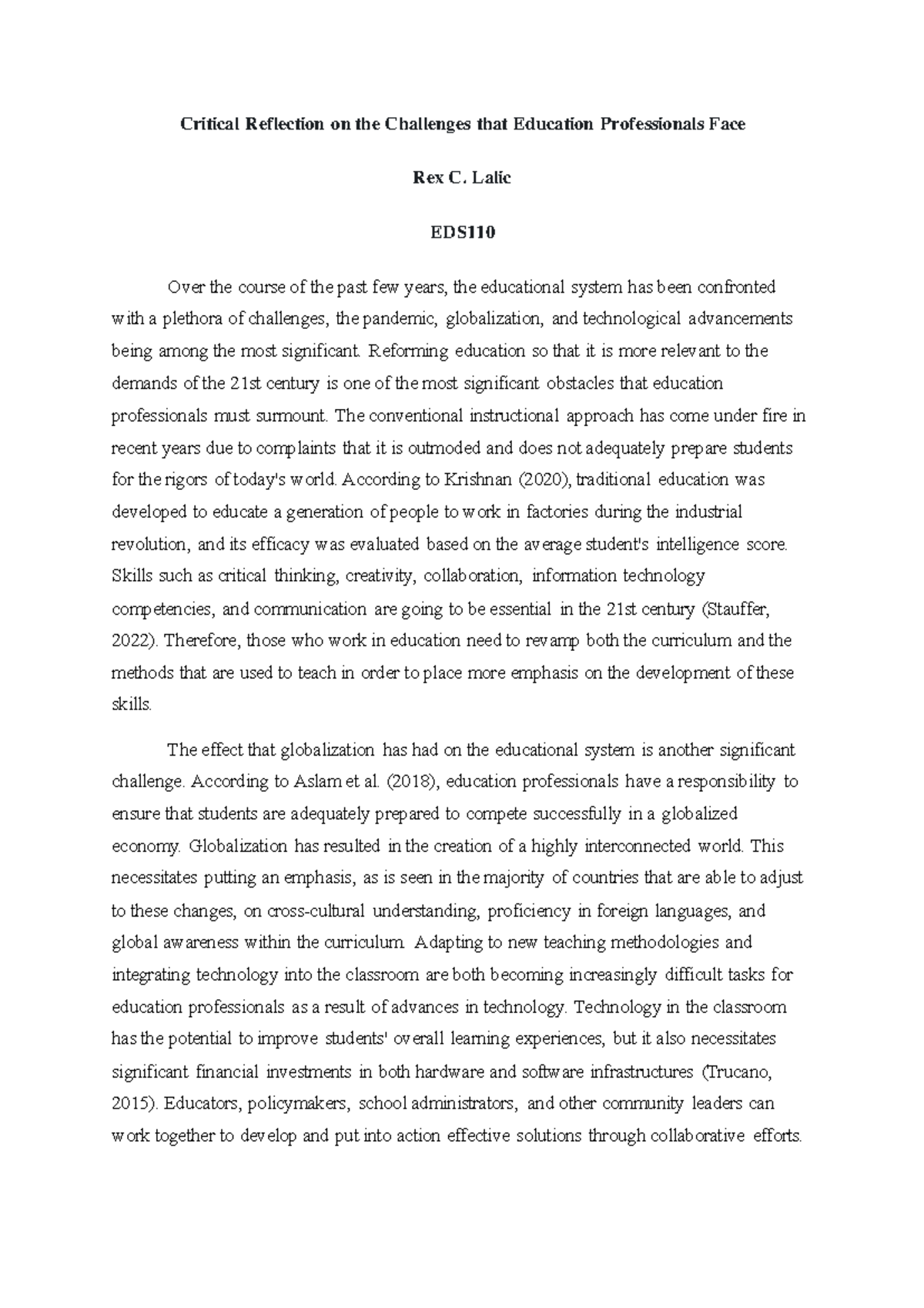 Critical Reflection on Challenges for Educators in EDS110 - Studocu