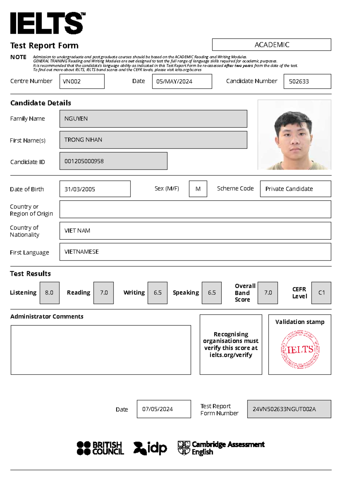 IELTS VN002 Academic Test Report Form and Results Summary - Studocu