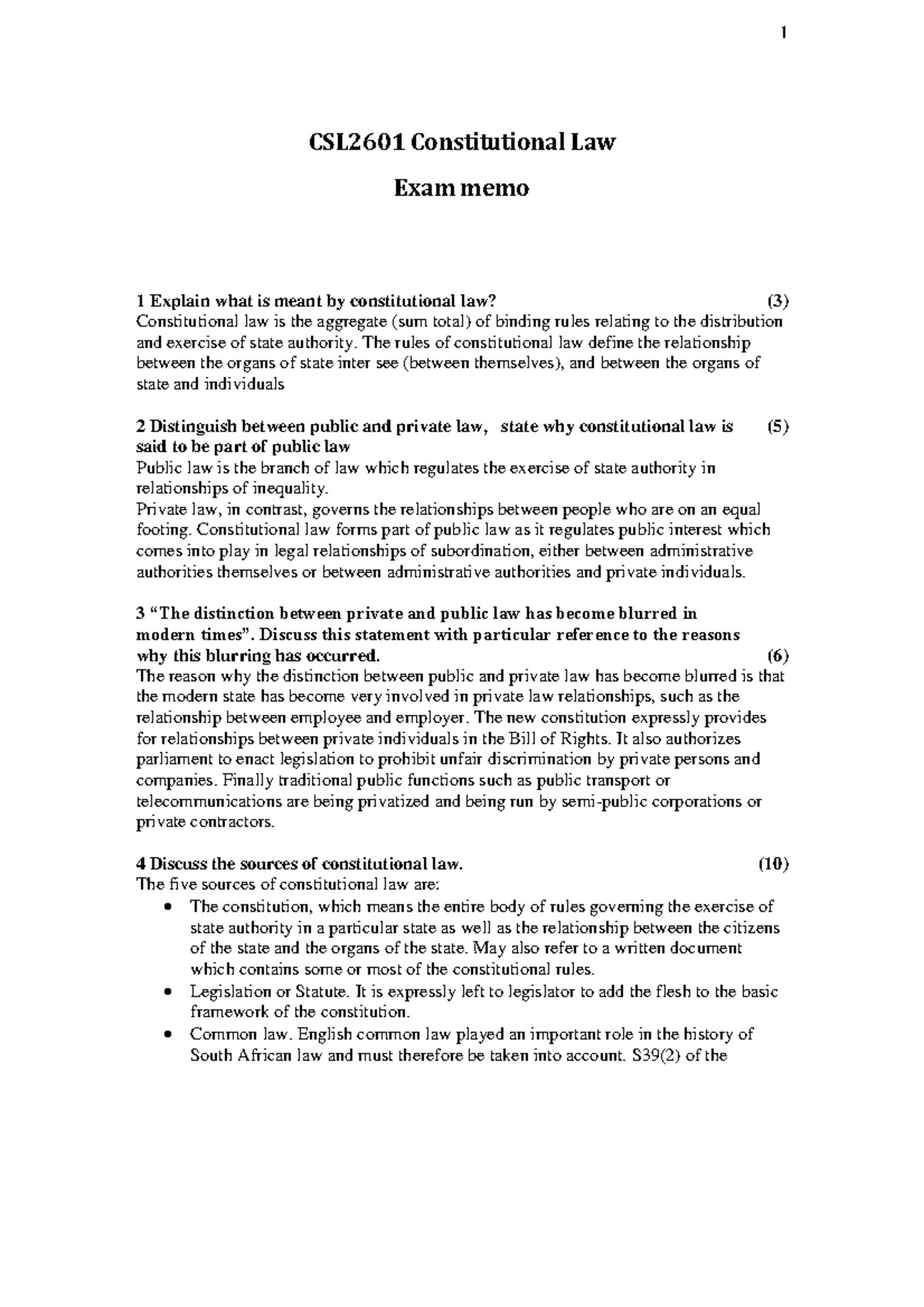 CSL2601 Final Exam Memo: Key Concepts in Constitutional Law - Studocu
