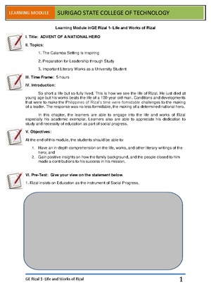 Module-2-Rizal - Modules for Rizal's Life and Work - GE Rizal- Life and ...