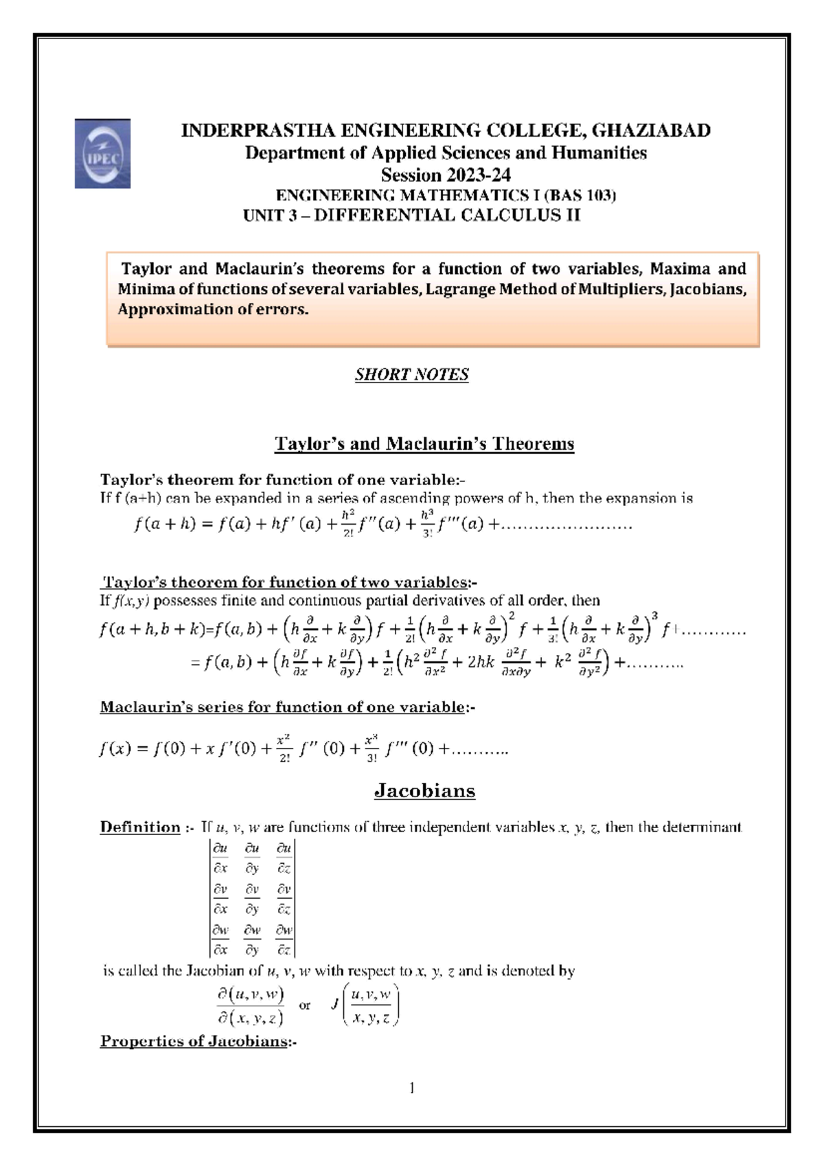 B.TECH BAS 103 Unit 3 Differential Calculus II Question Bank - Studocu