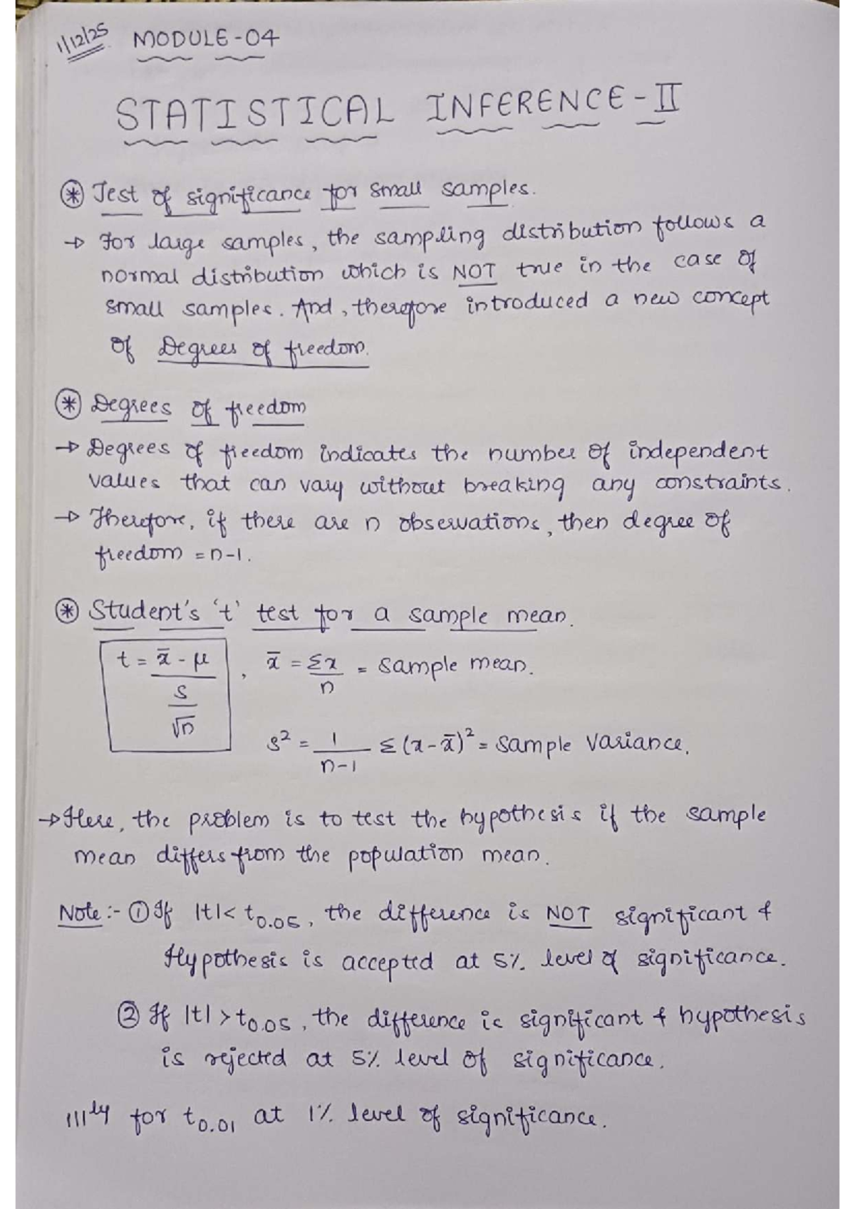 Stat 3rd Sem Statistical Inference Notes On Small Large Samples