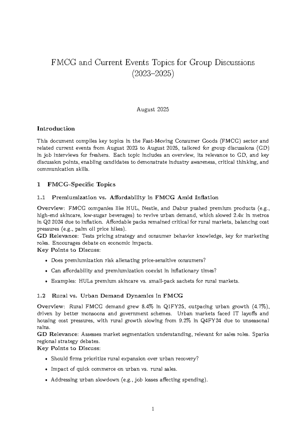 FMCG GD Topics & Current Events for Freshers - Aug 2025 - Studocu