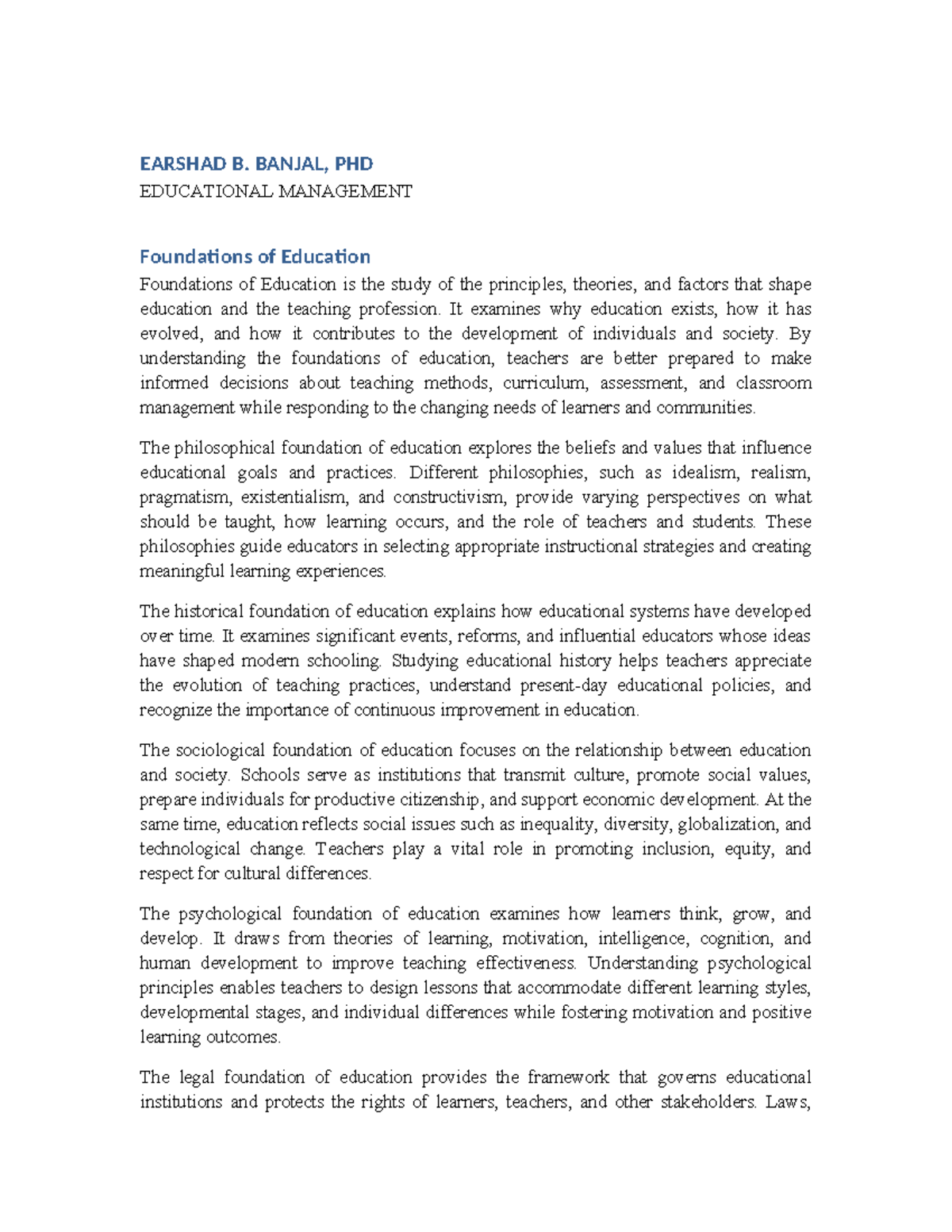 Foundations of Education: Key Principles and Theories by Dr. Banjal ...