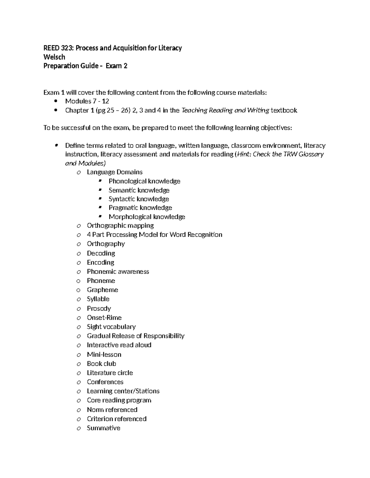 REED 323: Exam 2 Prep Guide on Literacy Processes & Assessment - Studocu