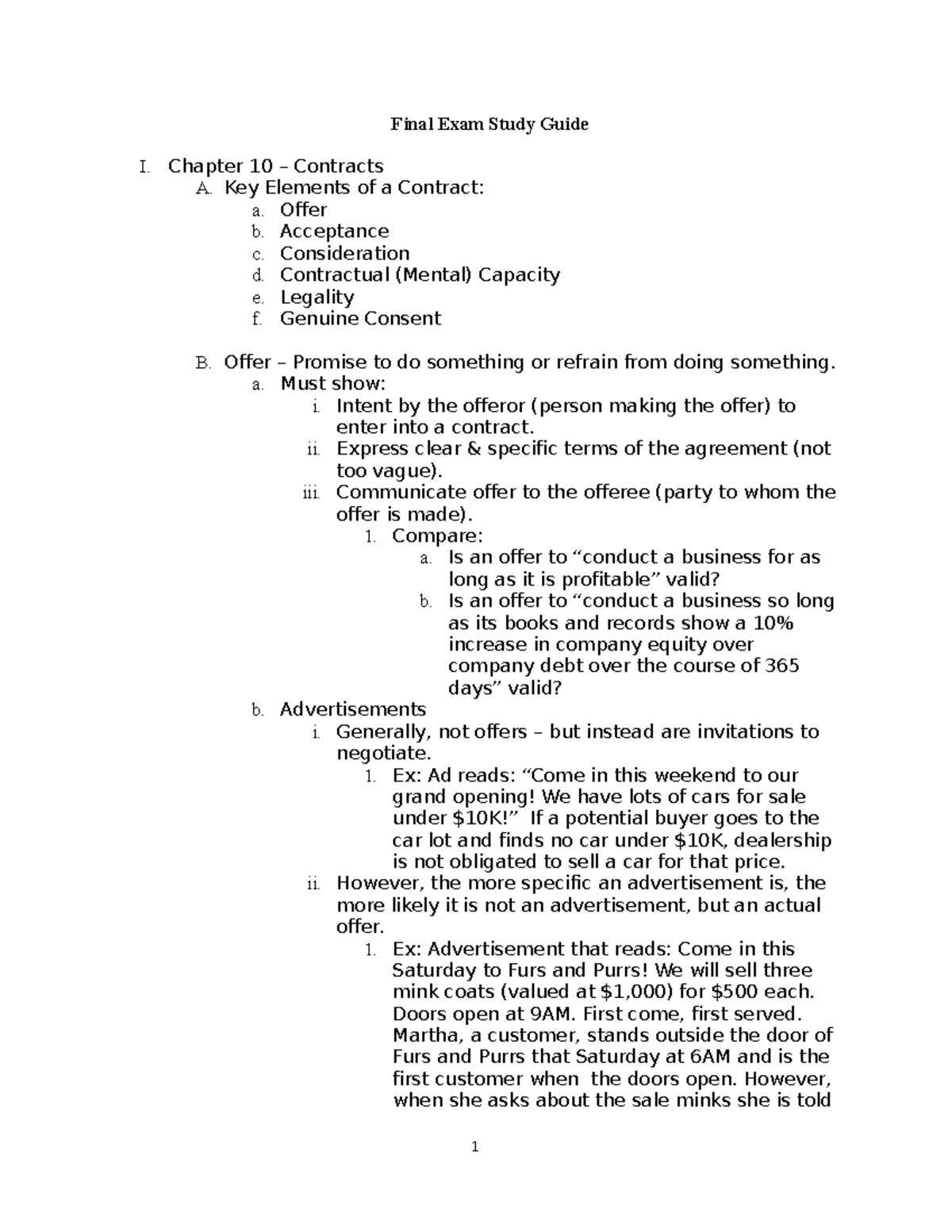 Law Final Exam Study Guide - Final Exam Study Guide I. Chapter 10 ...