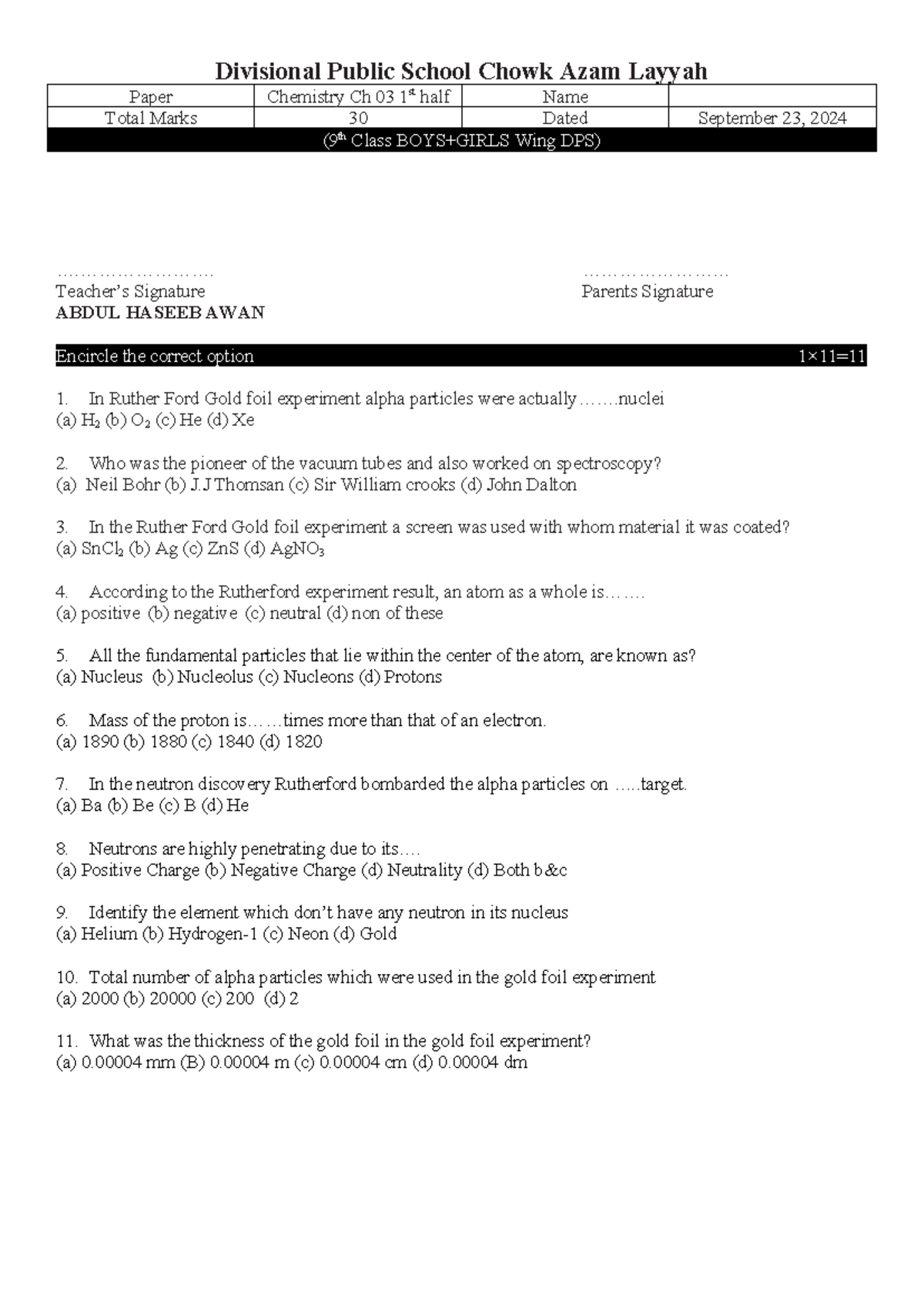 Chemistry 9th Class Ch 03 Test Paper - DPS Layyah - Studocu