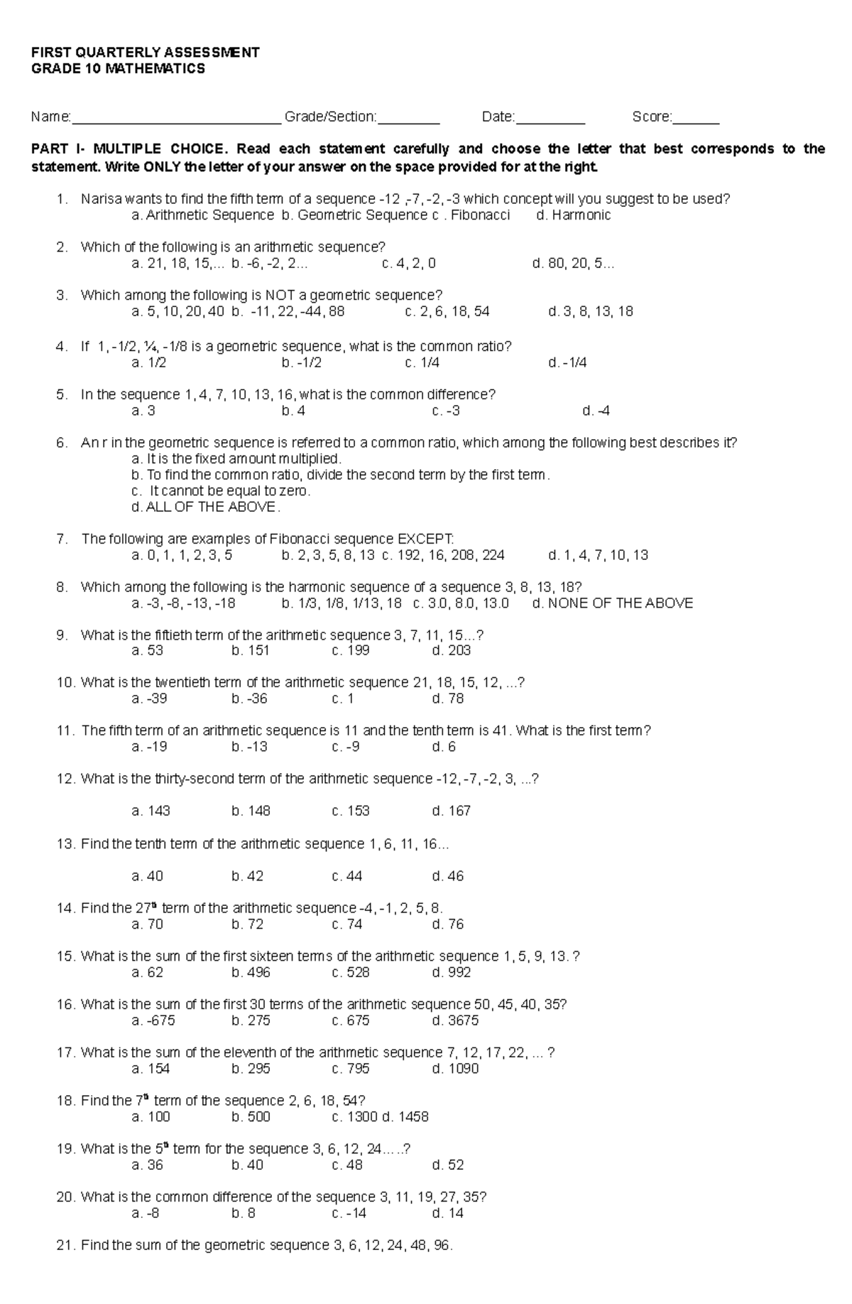 1st Periodic Test - G10 Math Assessment and Questions - Studocu