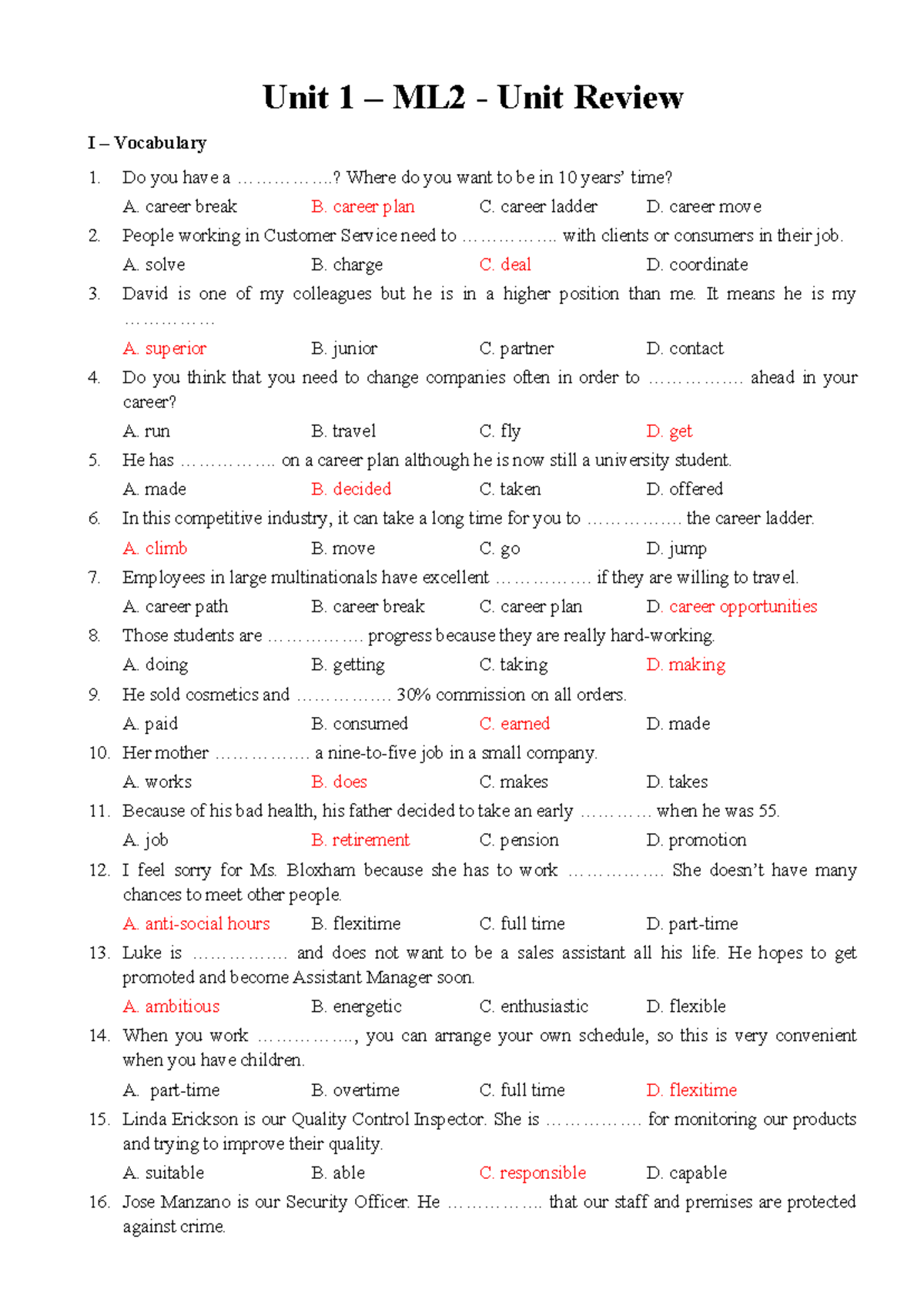 Unit 1 Review - Vocabulary & Grammar for ML2 Course - Studocu