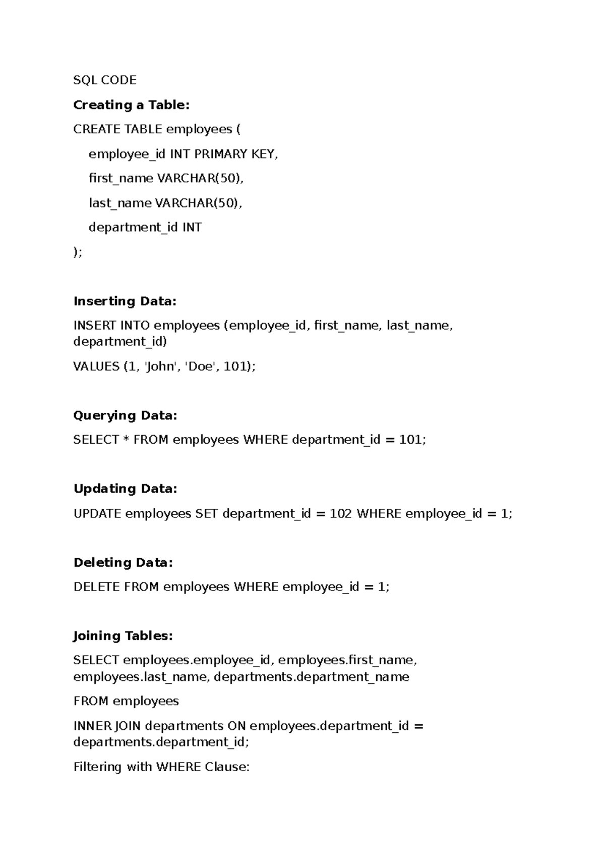 SQL basics (notes) - SQL NOTES Commands: SELECT: Used to retrieve data ...