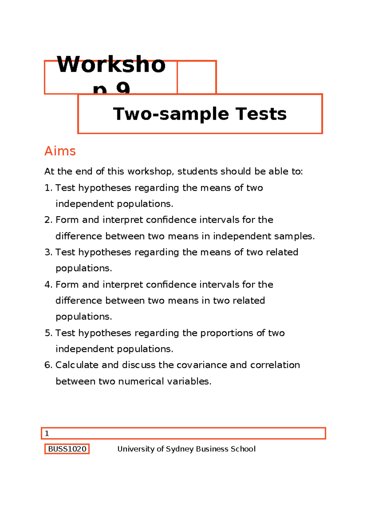 Workshop 9: Hypothesis Testing & Confidence Intervals - BUSS1020 - Studocu