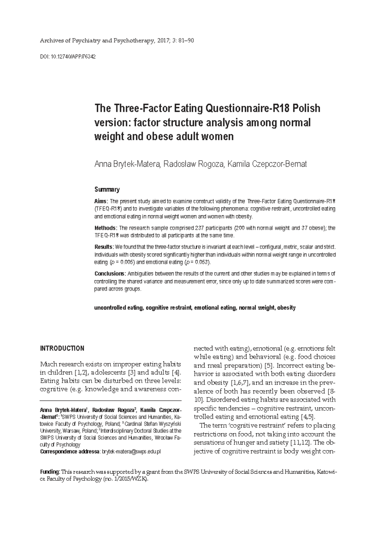 The Eating Questionnaire (TFEQ) Analysis: Normal vs. Obese Women - Studocu