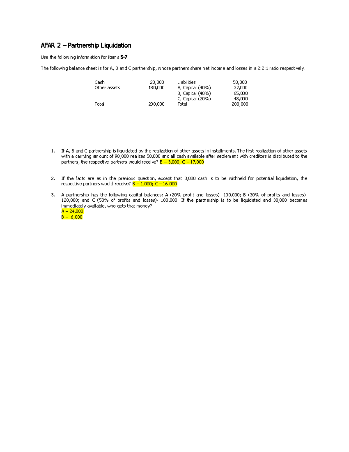 AFAR 2 - Partnership Liquidation Exercises and Calculations - Studocu