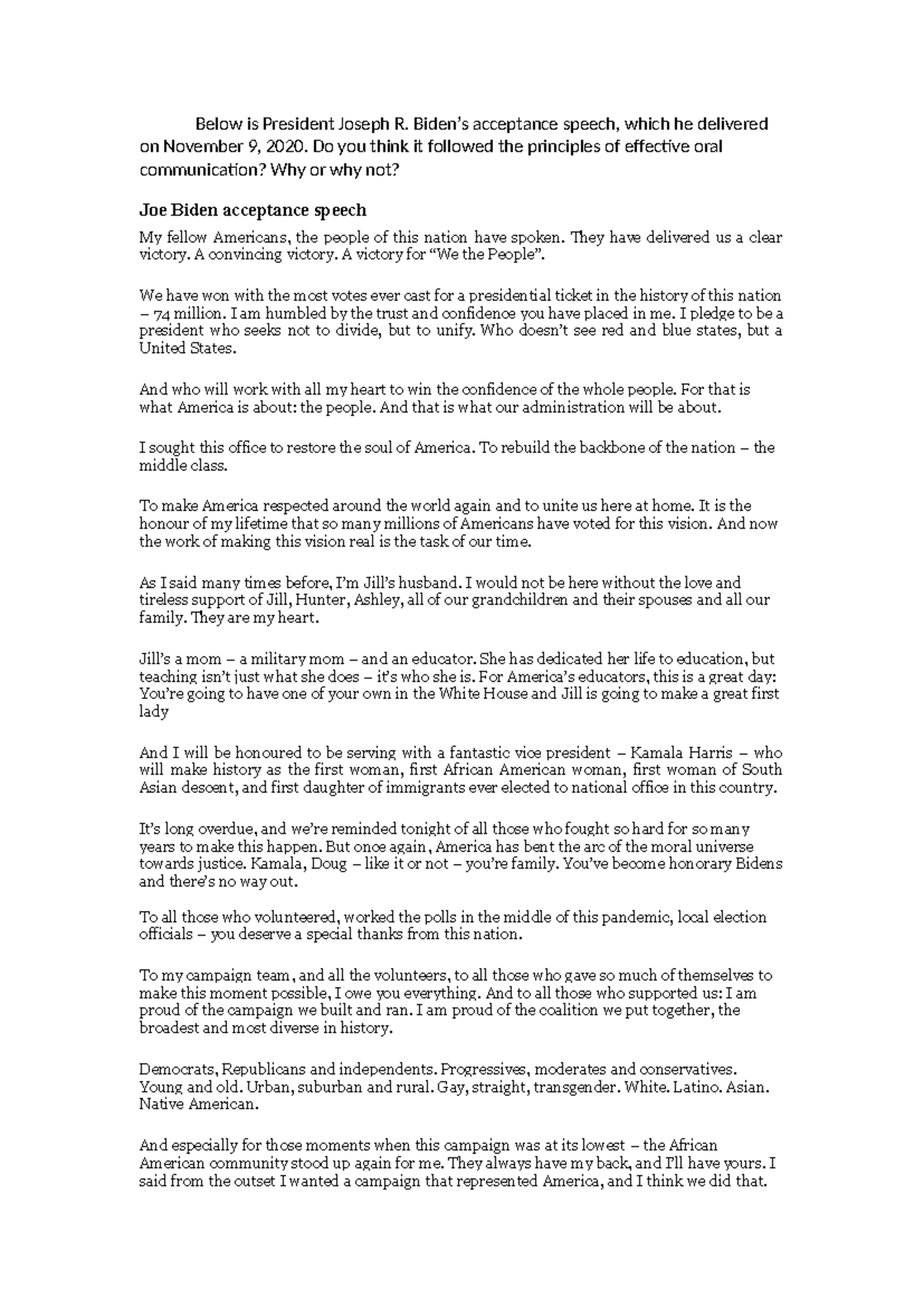 POLS 101: Analysis of President Biden's Acceptance Speech - Studocu