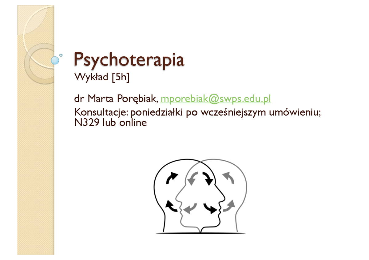 Wykłady z Psychoterapii - Szkoły psychoterapii dr M. Porębiak - Document Preview