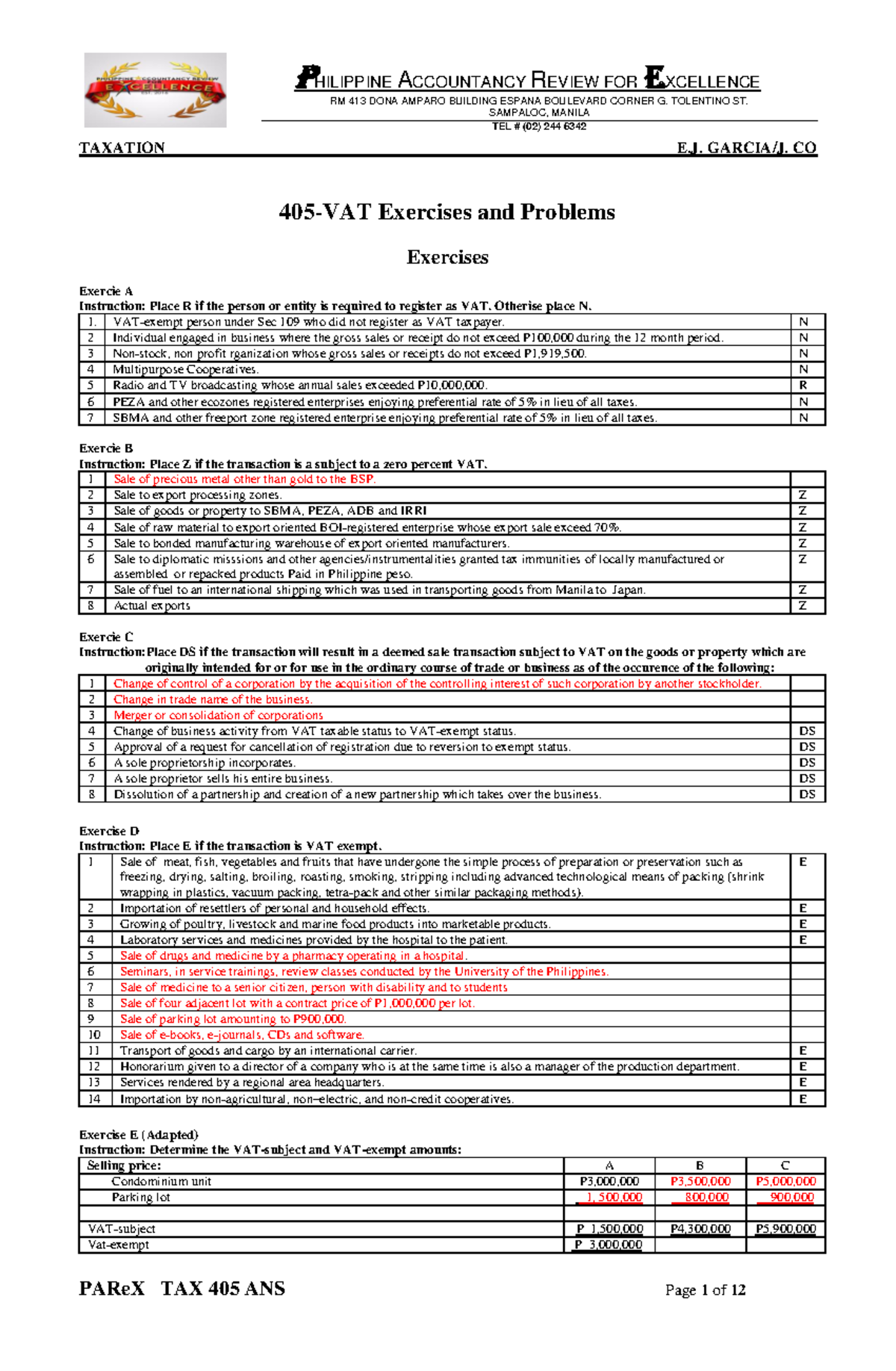 ERG 405 VAT Problems and Exercises: Final Answers Review - Document Preview