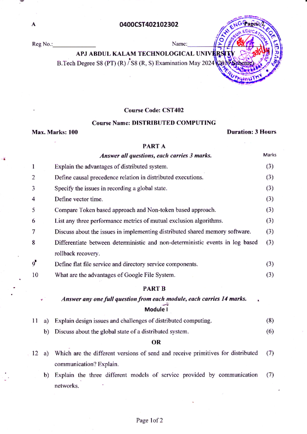 CST402 Distributed Computing, MAY 2024 - A Reg No.: 0400csr APJ ABDUL ...