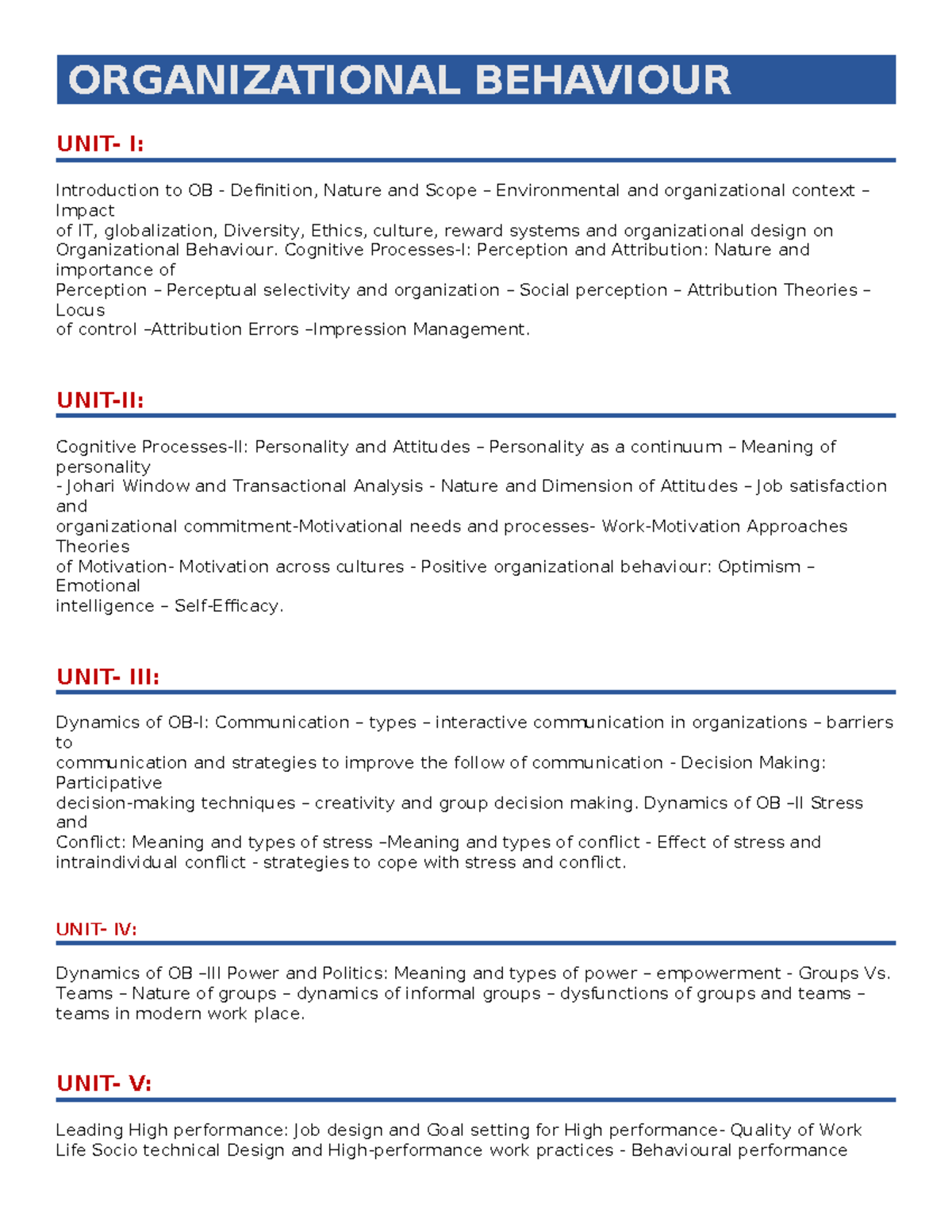 Organizational Behaviour Notes (OB 101): Key Concepts and Dynamics ...