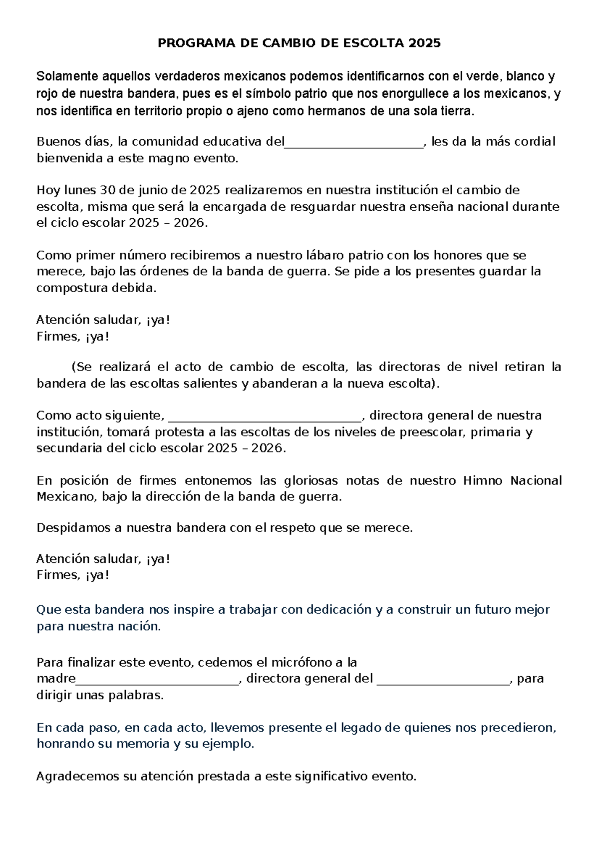 Programa de Cambio de Escolta 2025: Ceremonia y Honores - Studocu