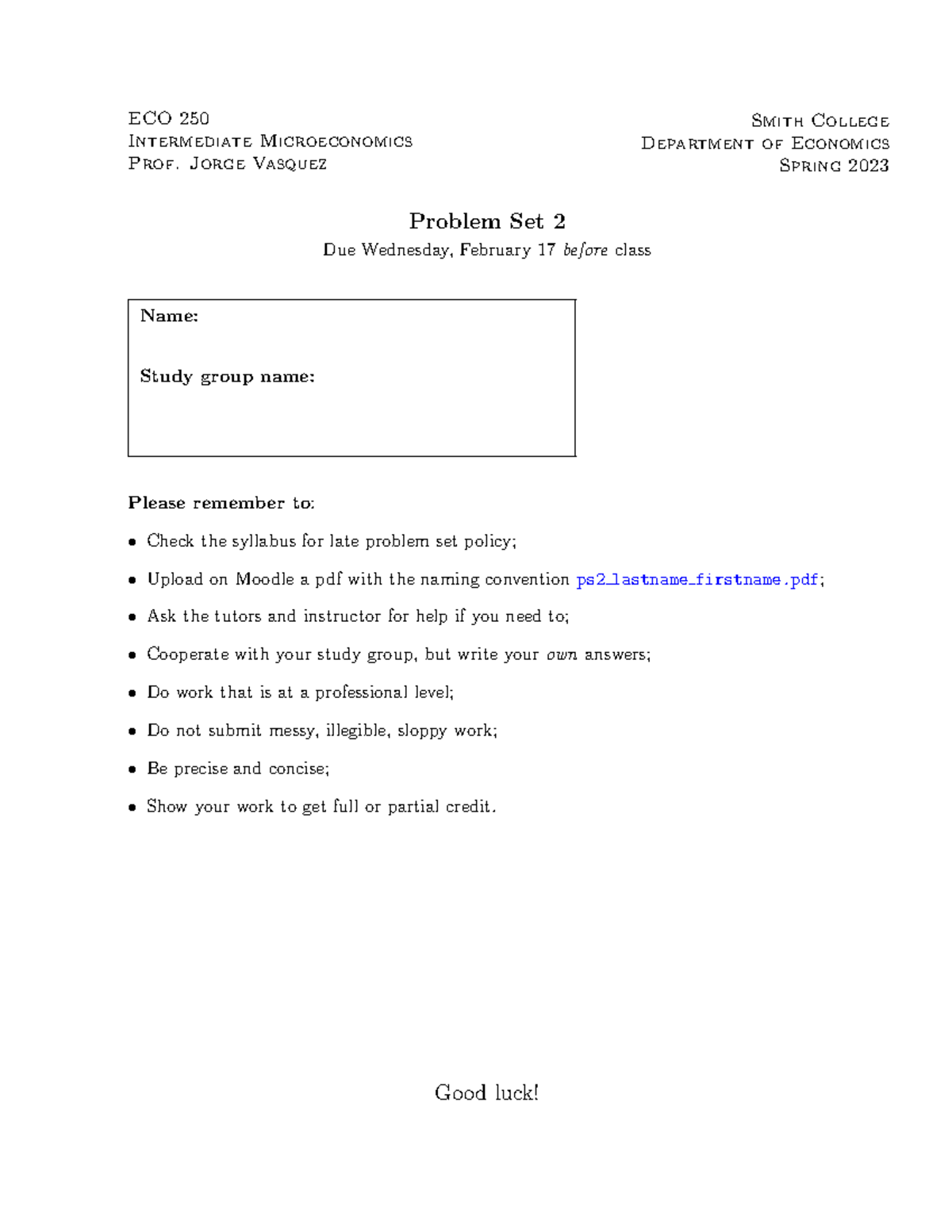 ECO250 Problem Set 2 - Intermediate Microeconomics Spring 2023 - Studocu