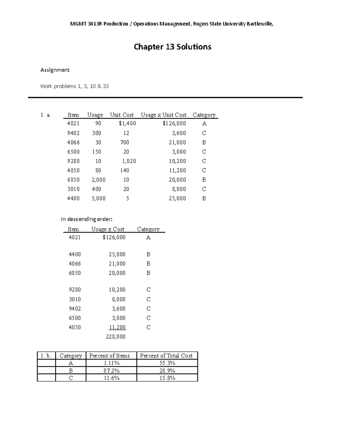 MGMT 3413R Chapter 13 Homework Solutions for Operations Management ...